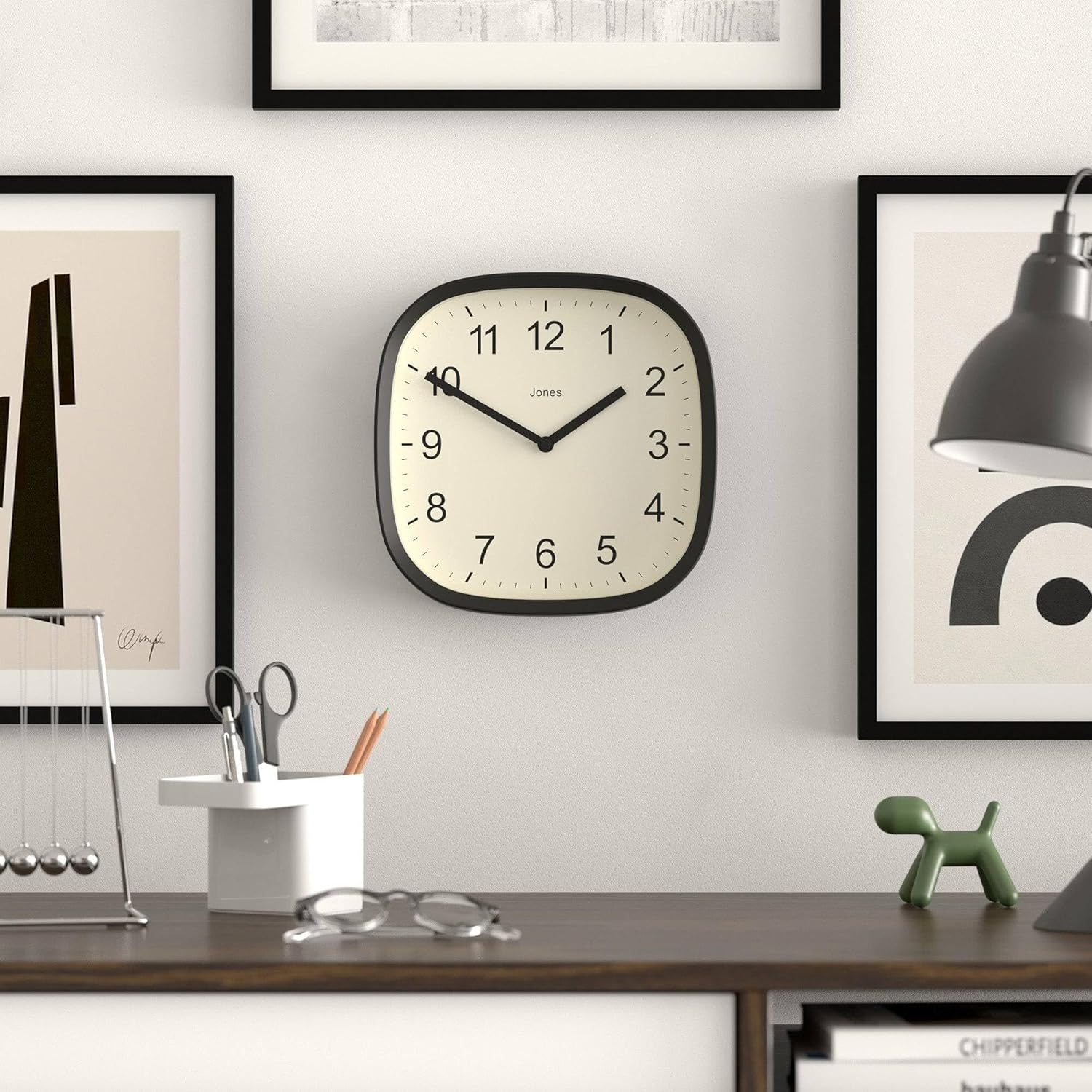 JONES CLOCKS® Sprite wall Clock | Modern Retro Rounded Square Clock | 10 inch | Black | Easy to Read Numbers | Perfect for Kitchen or Office