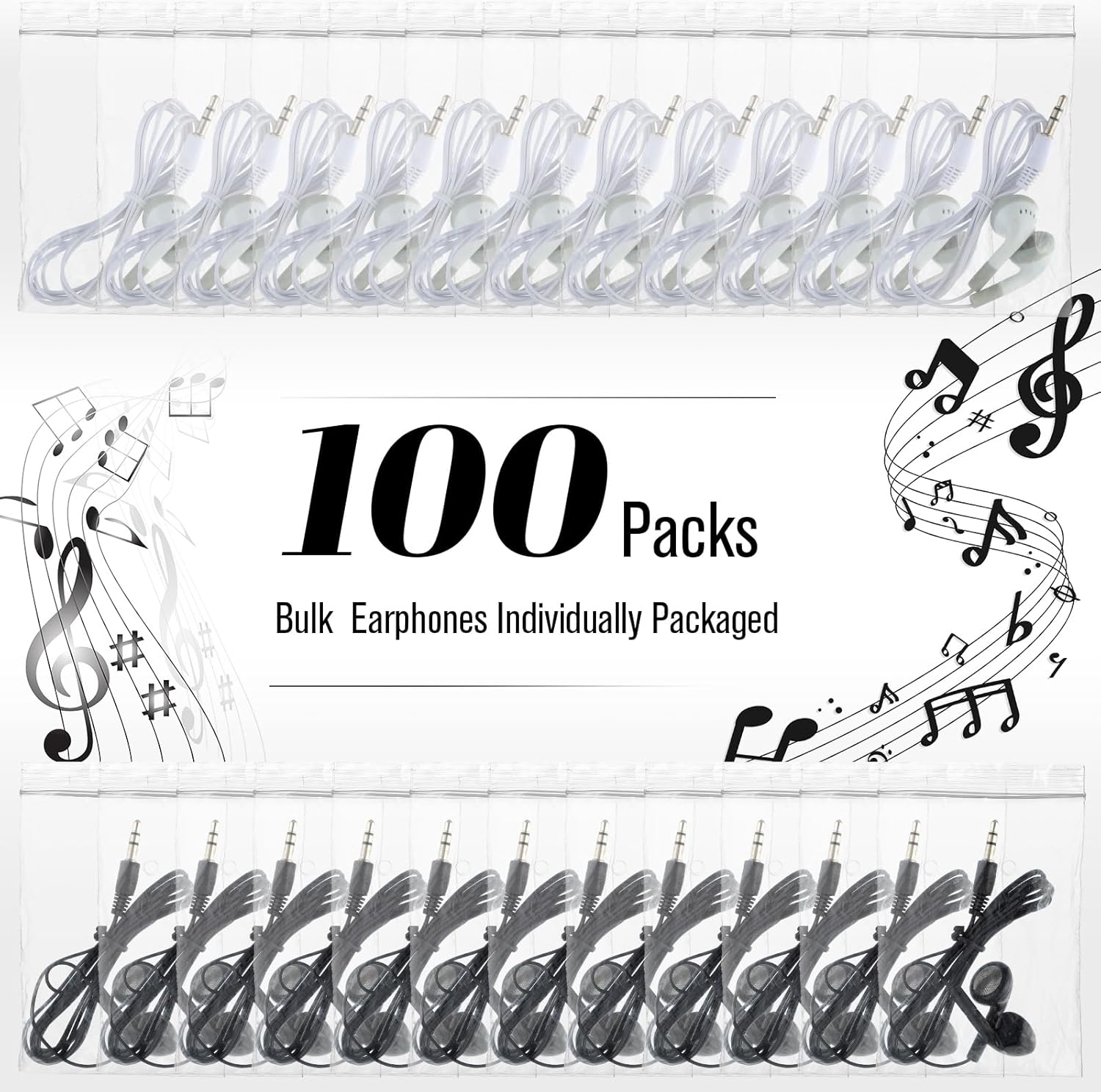 Kanayu 100 Pack Earbuds Bulk Earphones for School Classroom, Student Wired Earbuds Headphones Without Mic, Earphones Bulk for Adults School Library Laptop, Individually Bagged(Black White)