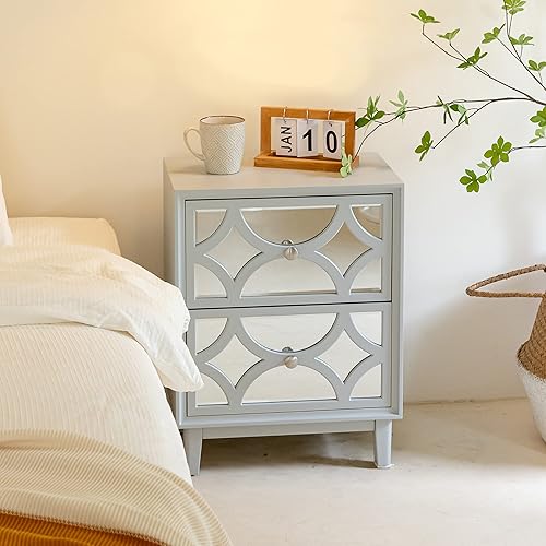 Miniatura 6 de COZAYH Mesita de noche moderna y contemporánea de 2 cajones, mesita de noche con espejo frontal acentuado, para espacios pequeños, dormitorio, gris