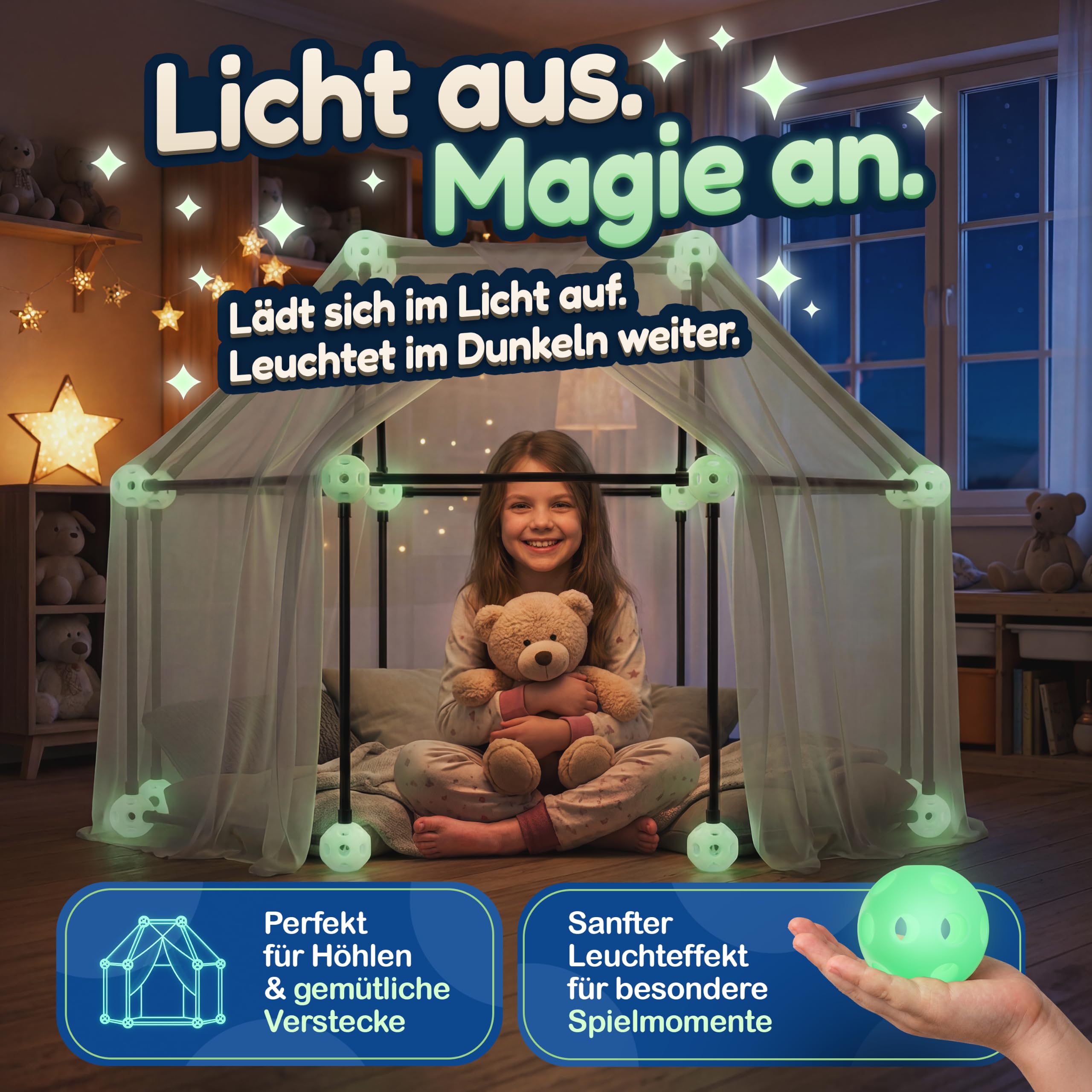 Stabiles Konstruktionsspielzeug für Kinder – mit Klicksystem, leuchtet im Dunkeln, Höhlenbau-Set mit Bauheldenurkunde, kreatives Bauspielzeug, DIY-Steckbaukasten, Gartenspielzeug, Indoor/Outdoor