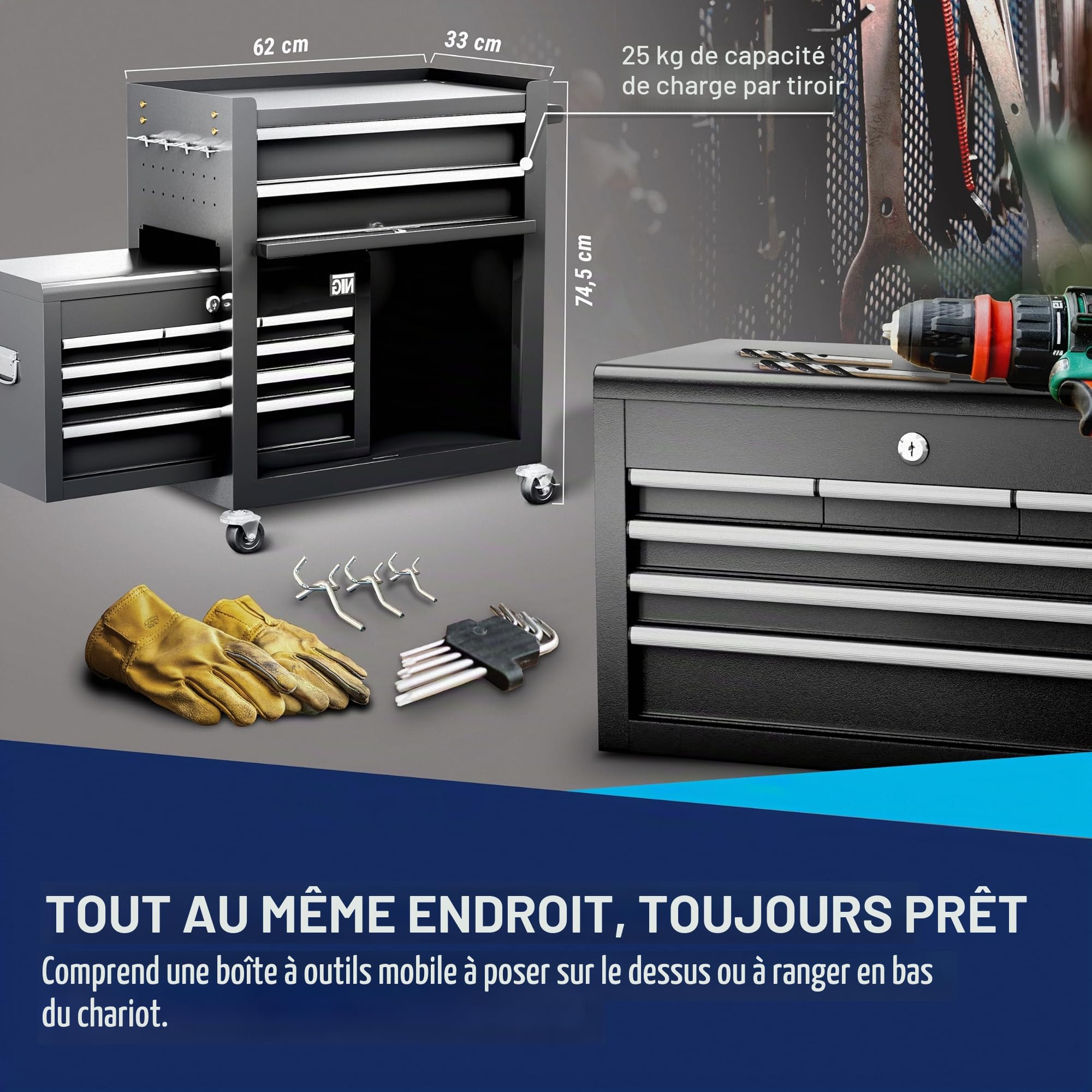 NTG Chariot d'atelier avec Coffre : 9 Compartiments, verrouillable, métal Robuste | Chariot à Outils sans Outils | Chariot pour Le Rangement des Outils avec Serrure
