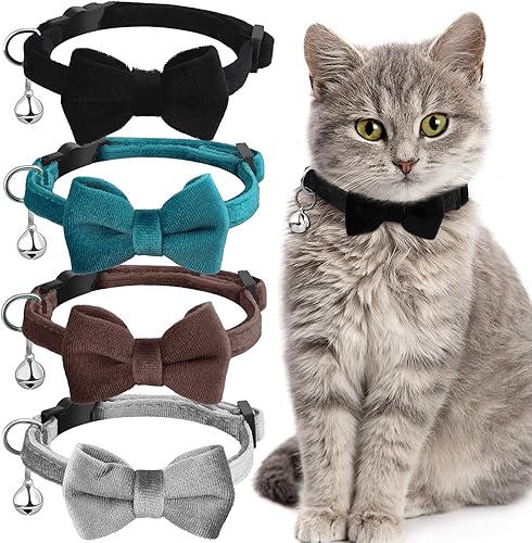 Miniatura 10 de 4 piezas de corbatín para gato con campana, cómodo terciopelo con bonito collar de seguridad para mascotas y cachorros (pequeño, rosa, rojo, morado