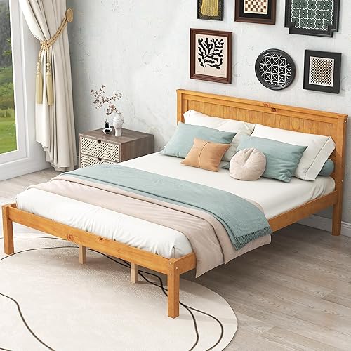 Miniatura 10 de P PURLOVE Base de cama de tamaño matrimonial, cama de plataforma de madera maciza con cabecero, no necesita somier, color blanco