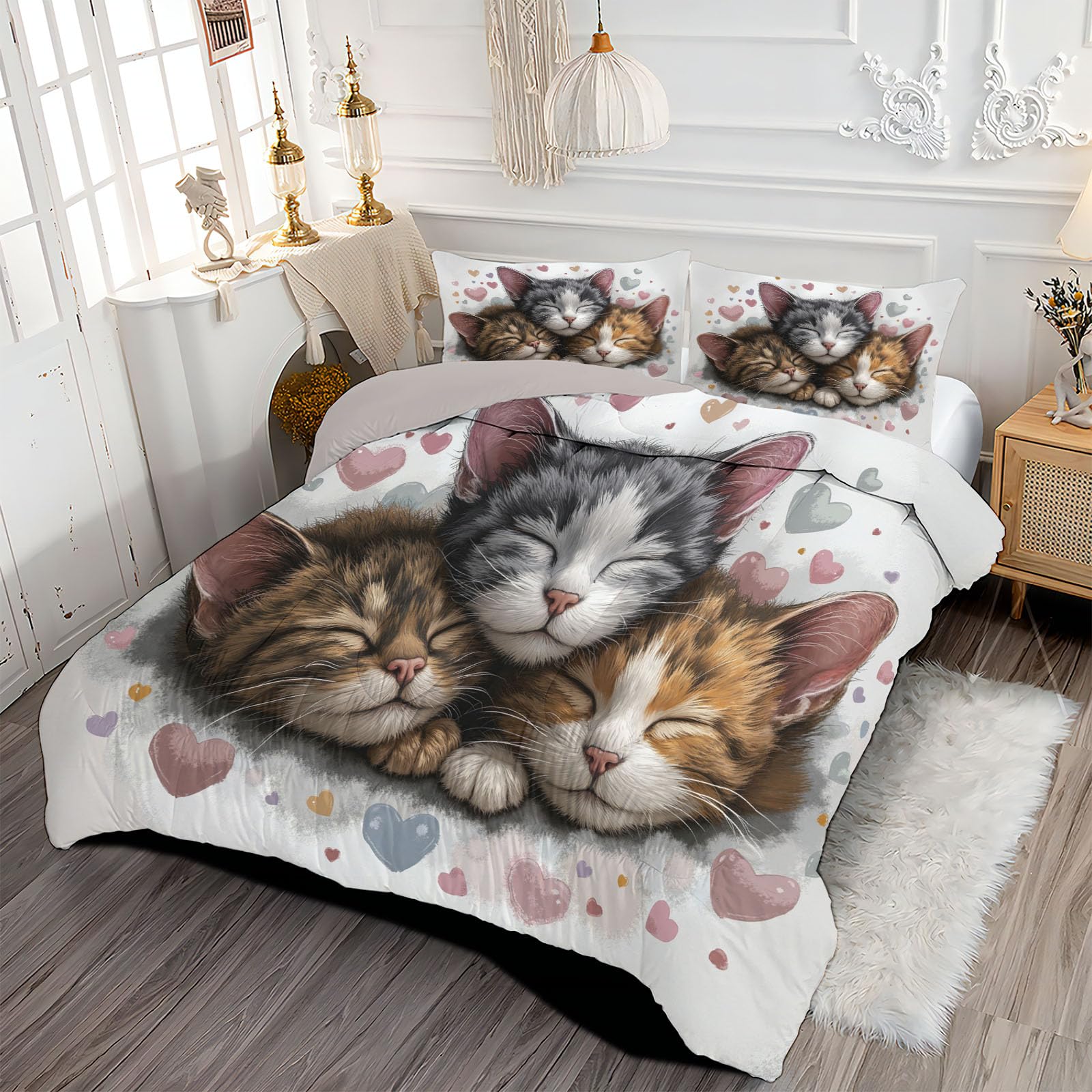 Trapunta Letto Singolo 4 Stagioni Piumone per Bambini, Cartone Animato Tre Gatti Leggero Carini Animali Set di Biancheria da Letto 140x200cm con 1 Federe,Piumino Lavabile In Lavatrice