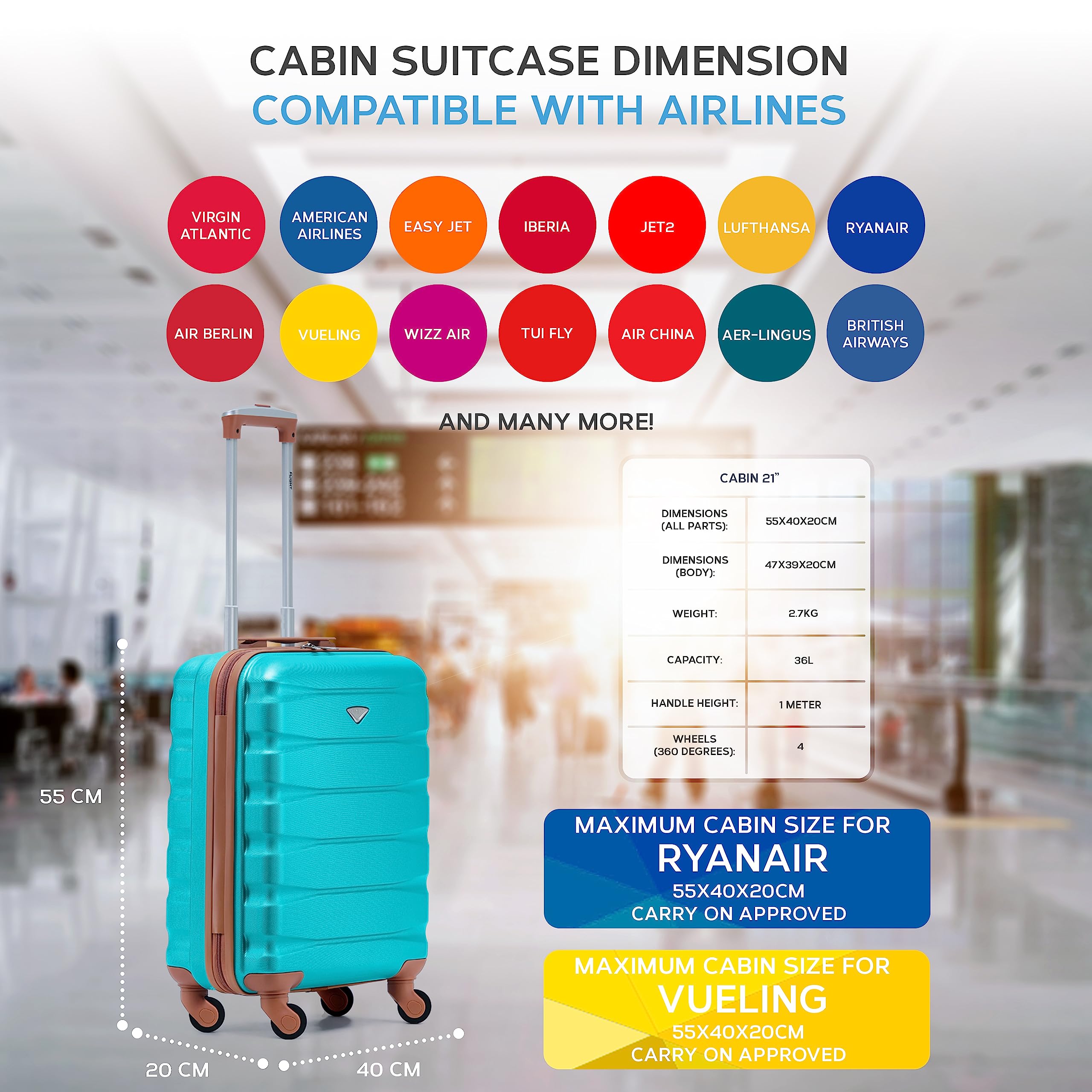 Flight Knight Cabin Suitcase 55x40x20 Ryanair Priority, EasyJet, Jet2 Lightweight Small Durable 4-Wheel Cabin Case, Carry-On for Over 60 Airlines, Hard Shell, 10kg Hand Luggage Bag (55 x 40 x 20 cm)