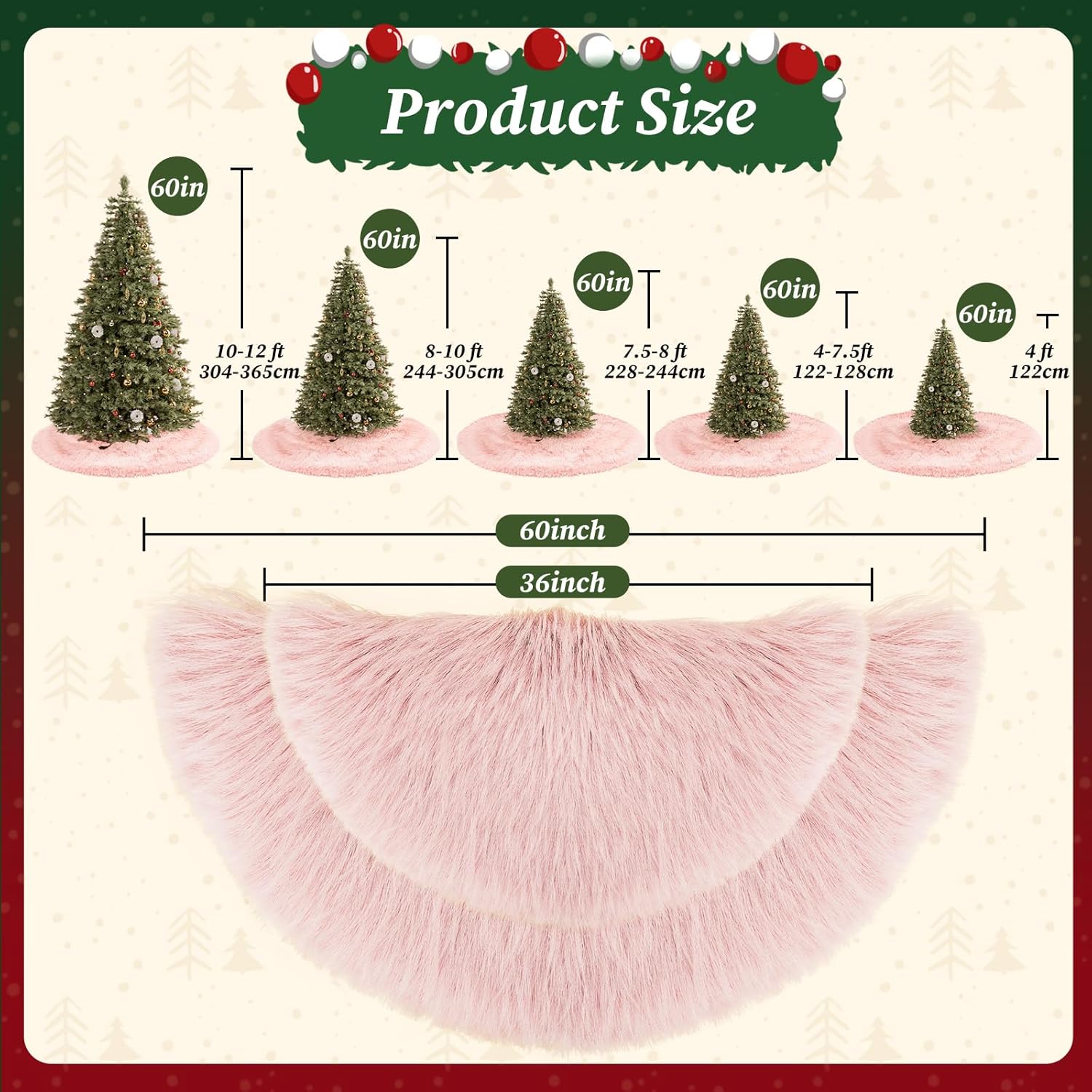 60 Inch Large Christmas Tree Skirt Pink Faux Fur Plush Tree Mat Base Cover for Merry Christmas Party Holiday Home Indoor Xmas Tree Decorations