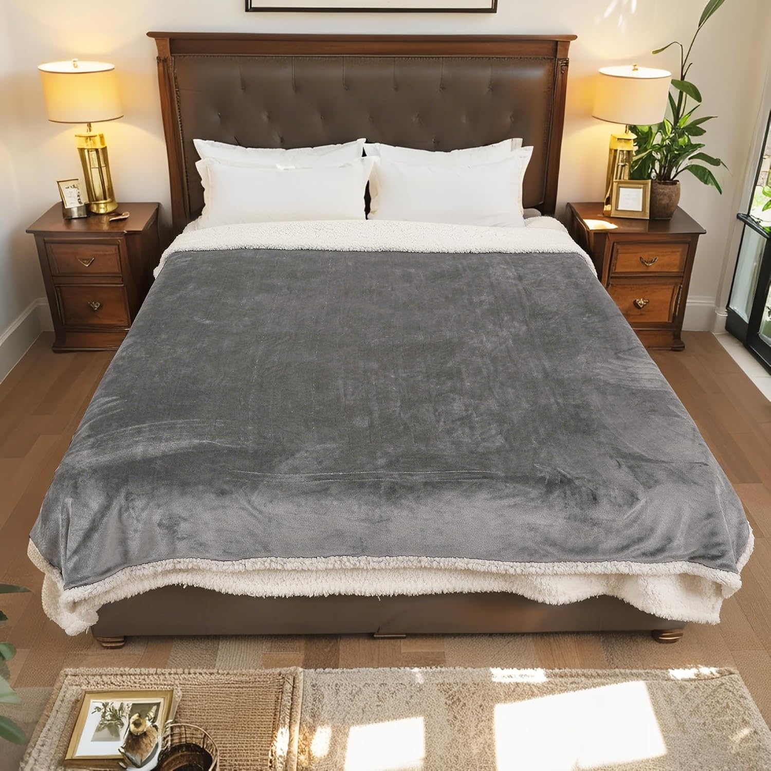 Electric Heated Blanket Throw Size 50"x60", Dual-Sided Soft Flannel & Sherpa, 4 Heat Settings with 3H Timer, Breathable Warm for Bed & Couch, Machine Washable, Light Grey