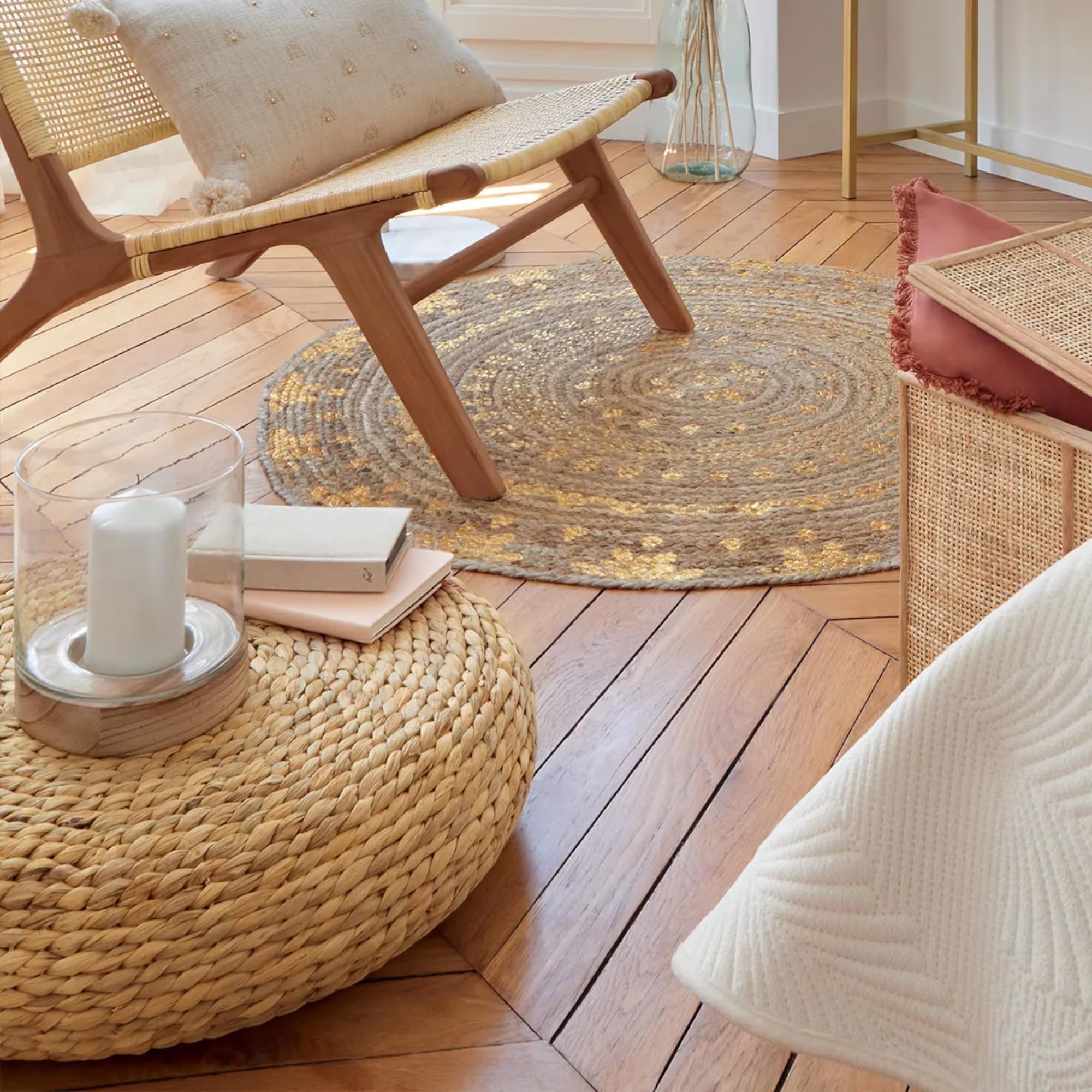 TIENDA EURASIA - Puff Redondo de Suelo | Material de Trenzado Natural | Diseño Nórdico | Medida Ø 55 cm x 15 cm | Ideal para Decoración de Interior y Exterior