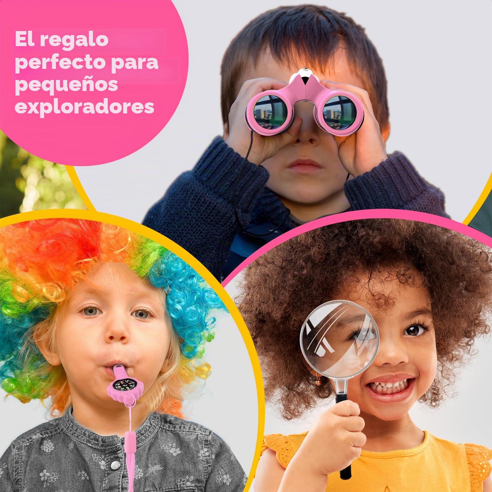 Prismáticos para niños de 8x21 Pulgadas, óptica Real de Alta resolución, Juego con Lupa y brújula de Silbato, prismáticos para niños de 3 a 12 años, Viajes, exploración de la Naturaleza (Rosa)