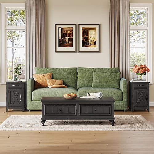 Miniatura 9 de IRONCK Mesa auxiliar con estación de carga, mesa auxiliar estrecha para sala de estar, juego de 2 mesitas de noche con cajón y portavasos, mesita de