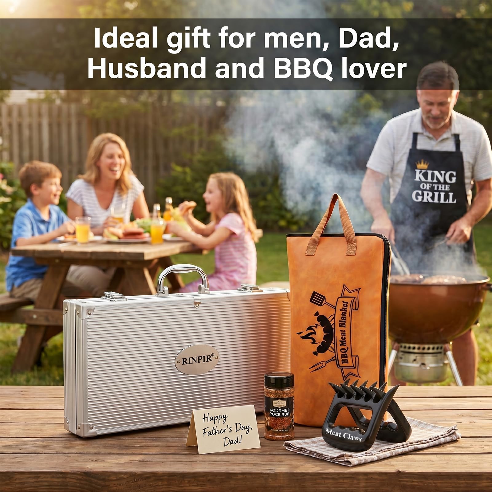 RINPIR - Set di 21 accessori per barbecue con coperta di carne riutilizzabile da 53 cm, regalo per la festa del papà per uomini e papà strumenti per griglia in acciaio