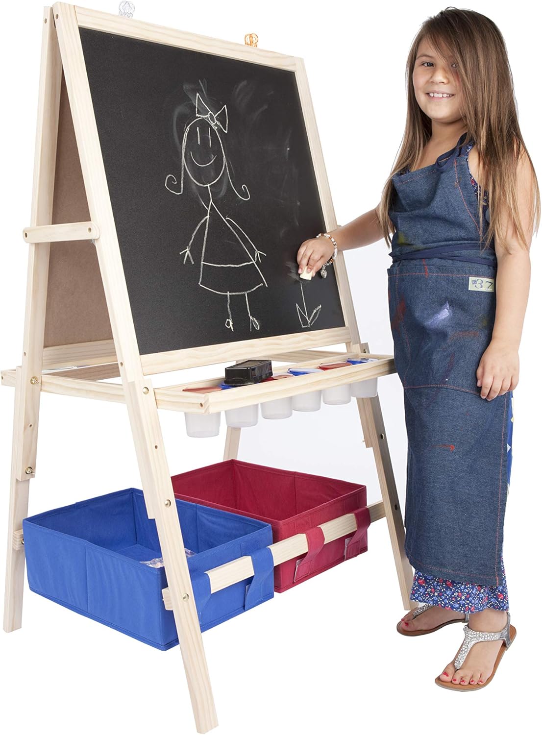 First Impressions Multi-Use Children's Wood Art Easel w/ Paint Brush, Tools, Dry Marker Storage Bins - Light Wood Finish