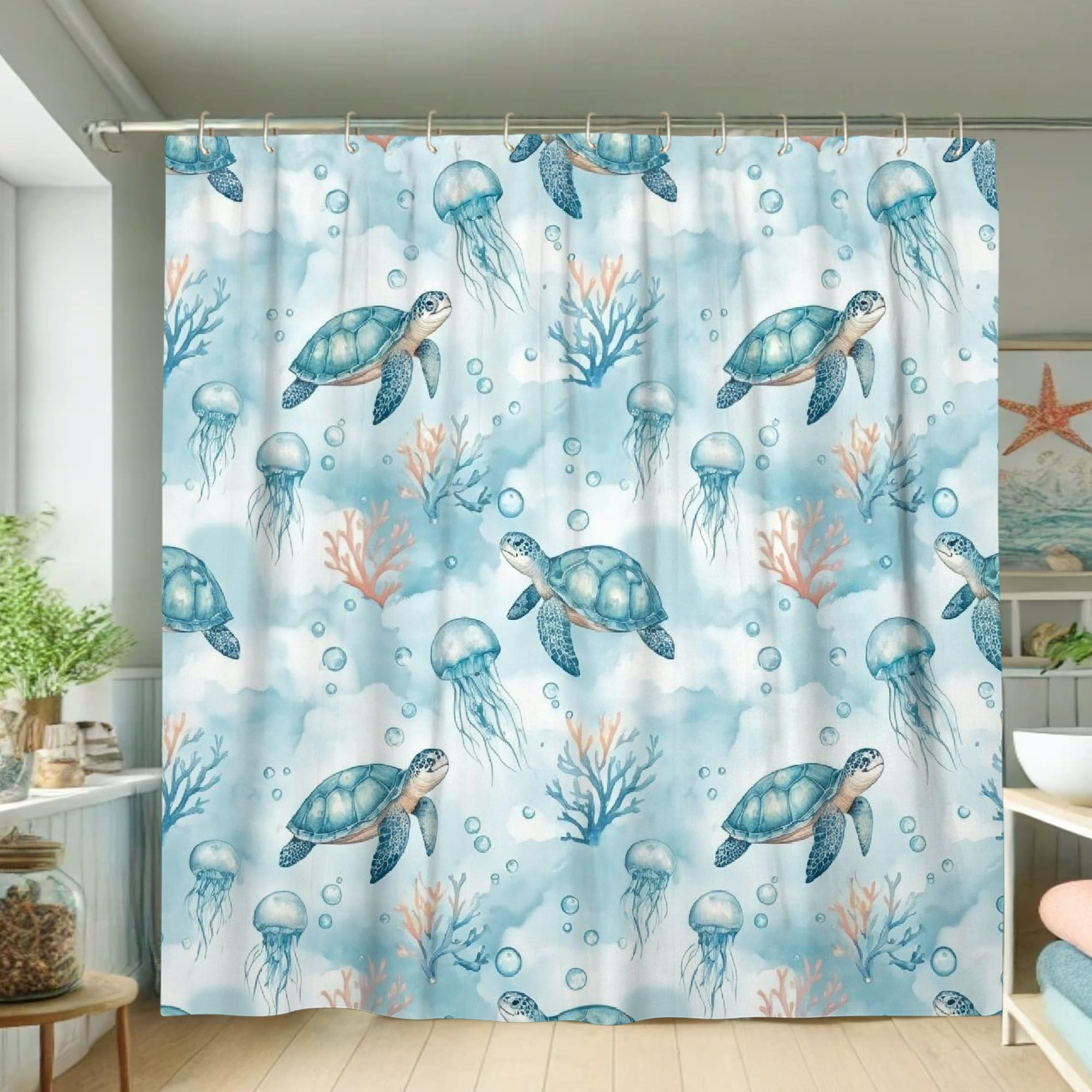 Rideau de douche meduse bleu lavable avec crochets pour decoration de baignoire d'appartement