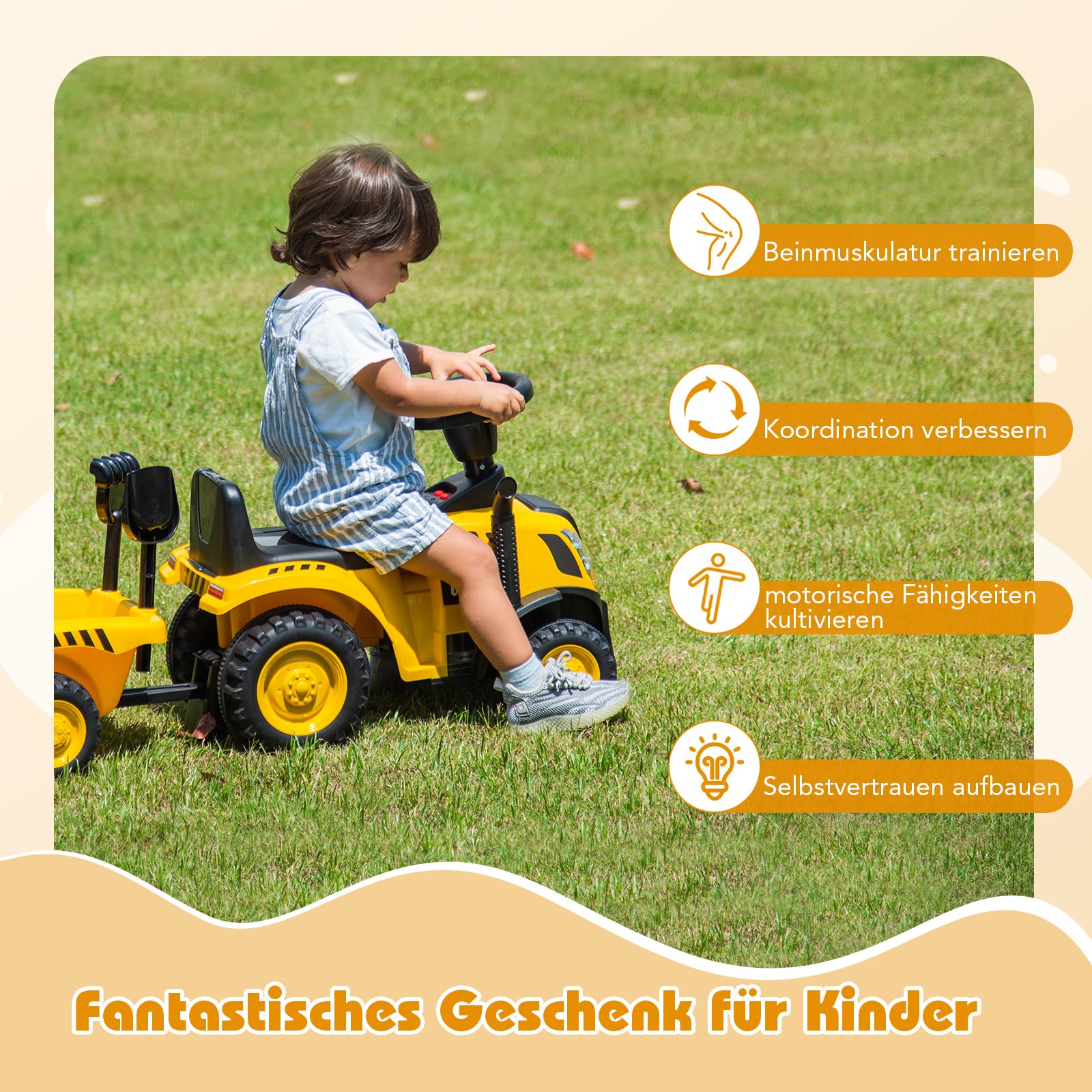 GOPLUS Kinder Rutschtraktor, Rutschauto mit abnehmbarem Anhänger, Hupe, Motorgeräuschen, LED-Leuchten, Rutscher Traktor ohne Antrieb mit Rechen & Schaufel für Kinder ab 1 Jahr