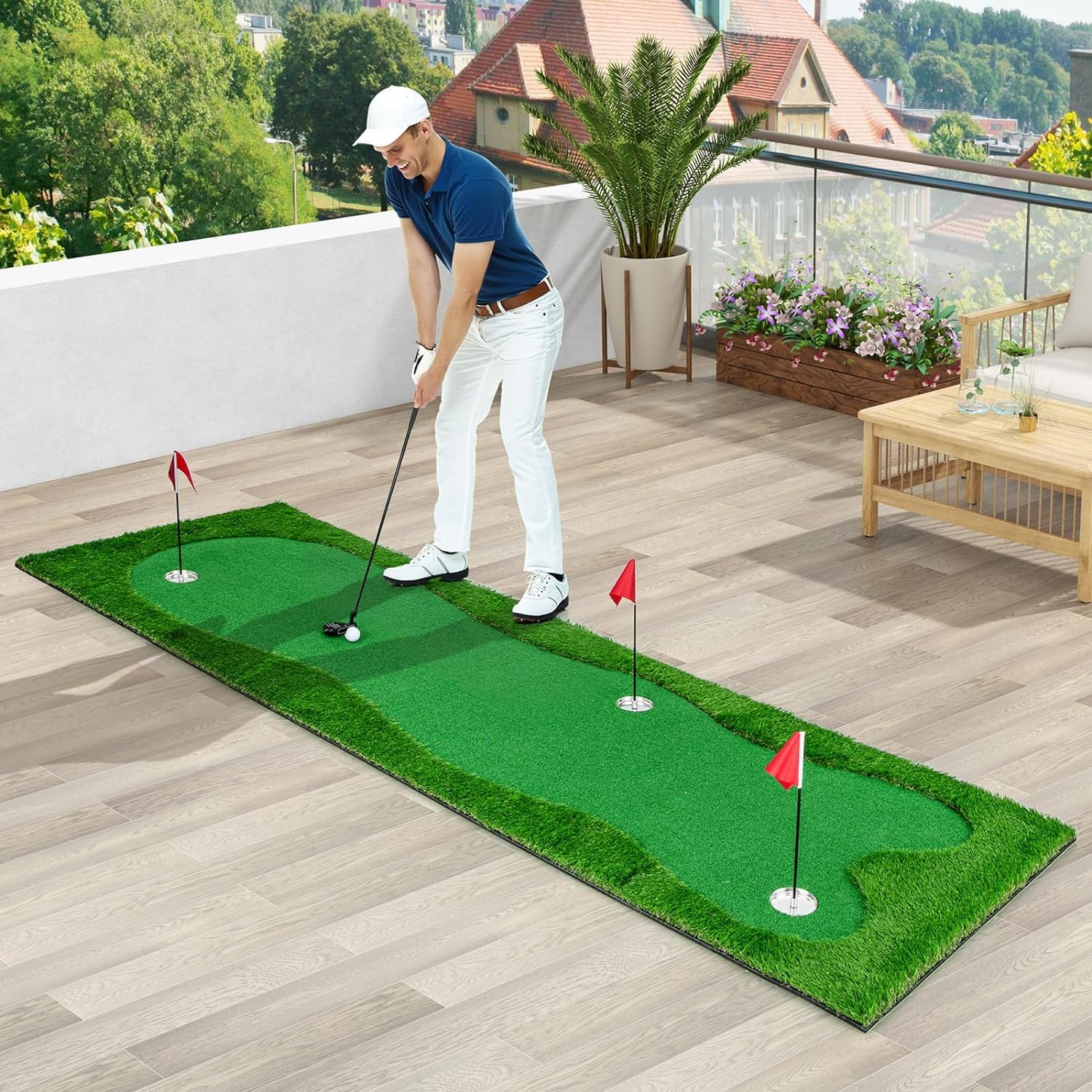 GYMAX Golf Putting Green, 10 x 3.3FT Large Golf Practice Mat with 3 Holes, 3 Training Aid Cups and Flags, Indoor Outdoor Golf Putting Training Mat for Home Office Backyard