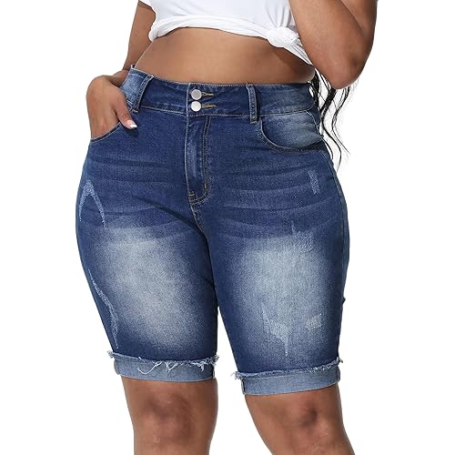 Gocolloa Womens Plus Size Jean Shorts Stretchy High Waisted Ripped Roll Hem Denim Bermuda Shorts 10" Inseam