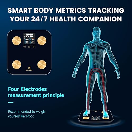 Miniatura 3 de EILISON Báscula inteligente con 4 electrodos y tecnología BIA, analizador de grasa corporal de alta precisión, pantalla táctil de visión nocturna a