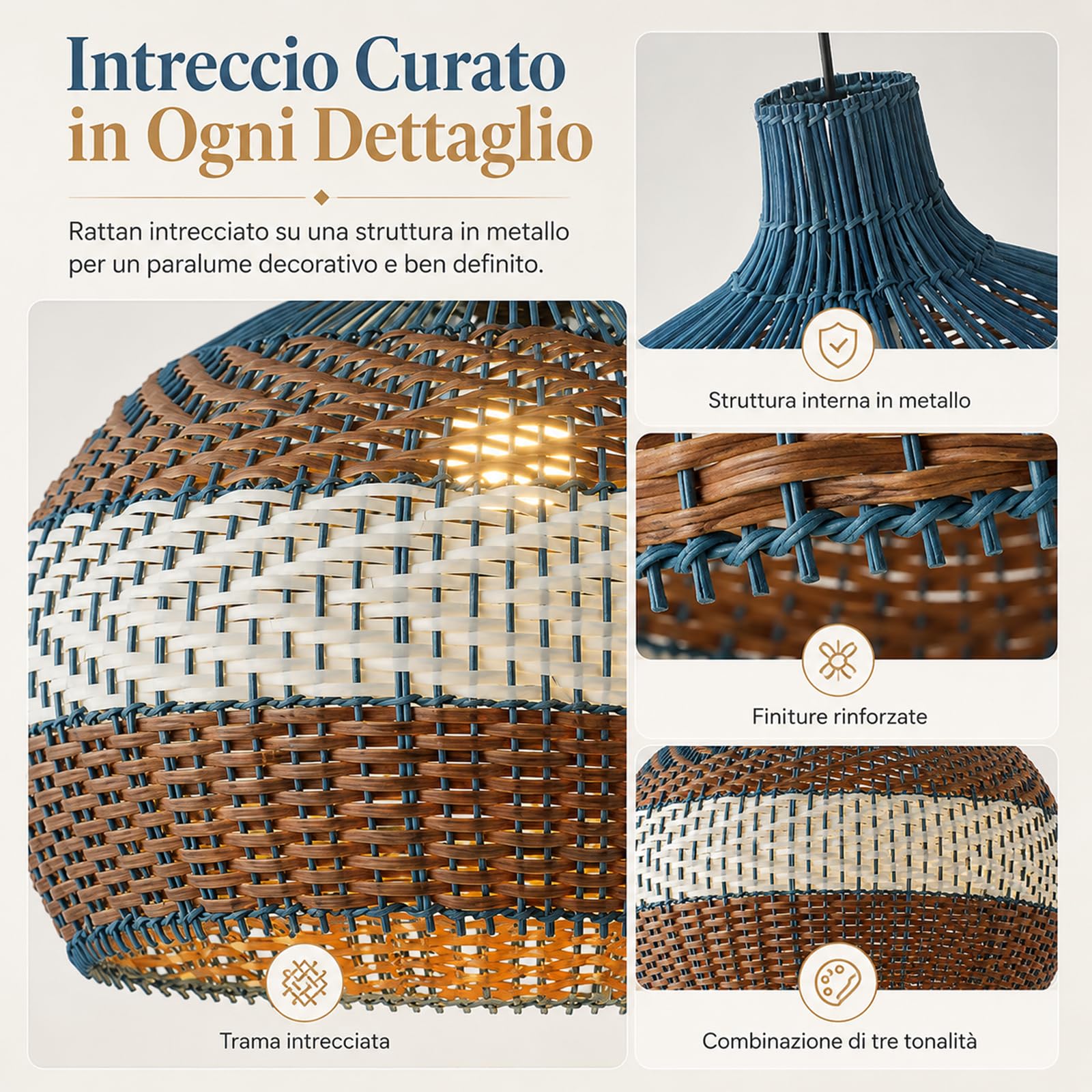 Lampadario rustico a 1 luce in rattan, stile boho, per soggiorno, lampada a sospensione intrecciata a mano, illuminazione rustica per isola cucina e ristorante (40 cm/50 cm)