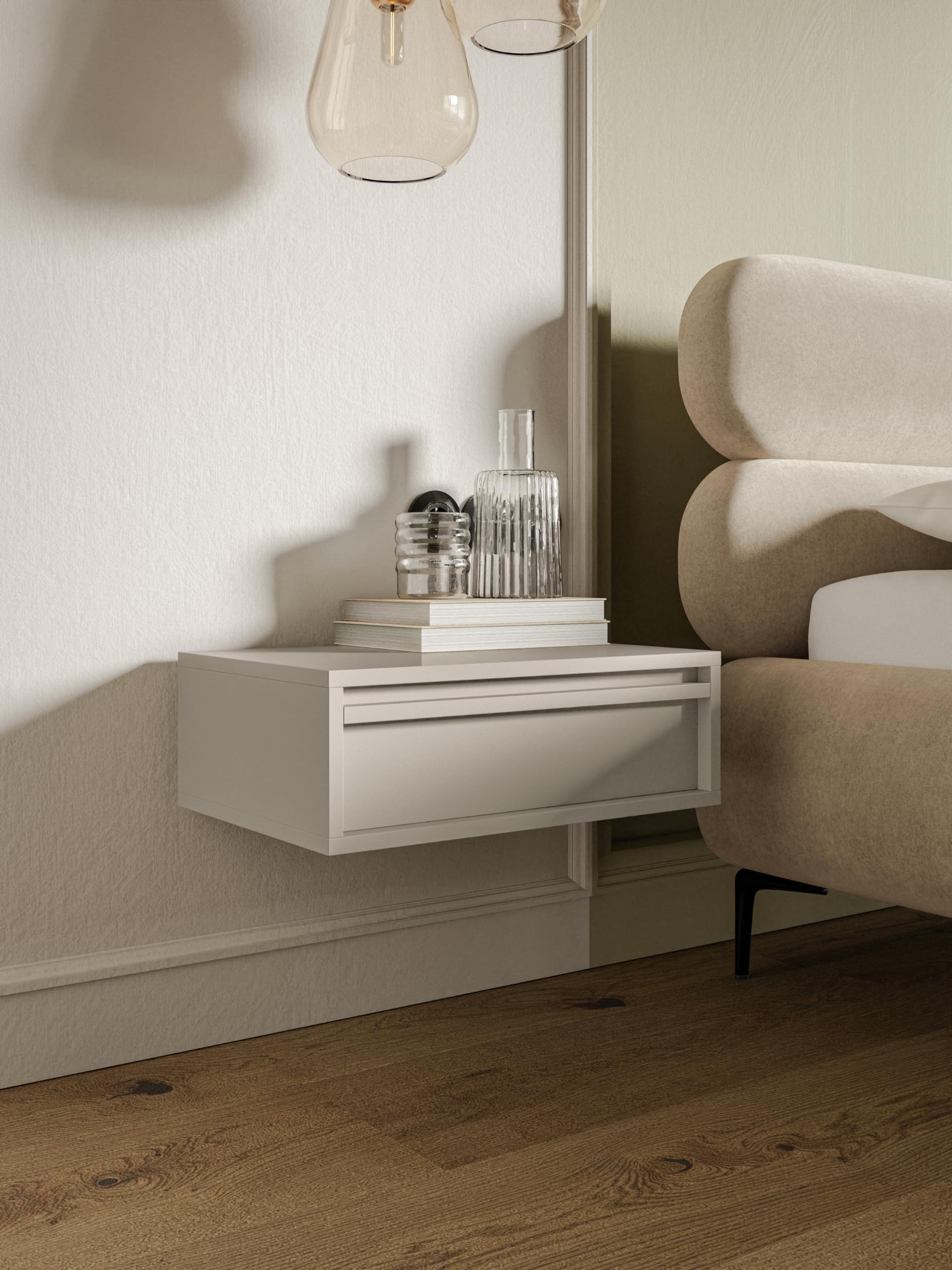 Selsey Comodino Per Camera Da Letto Con Cassetto Comodino Da Notte Sospeso Stile Moderno 50 cm Beige Grigio Evo