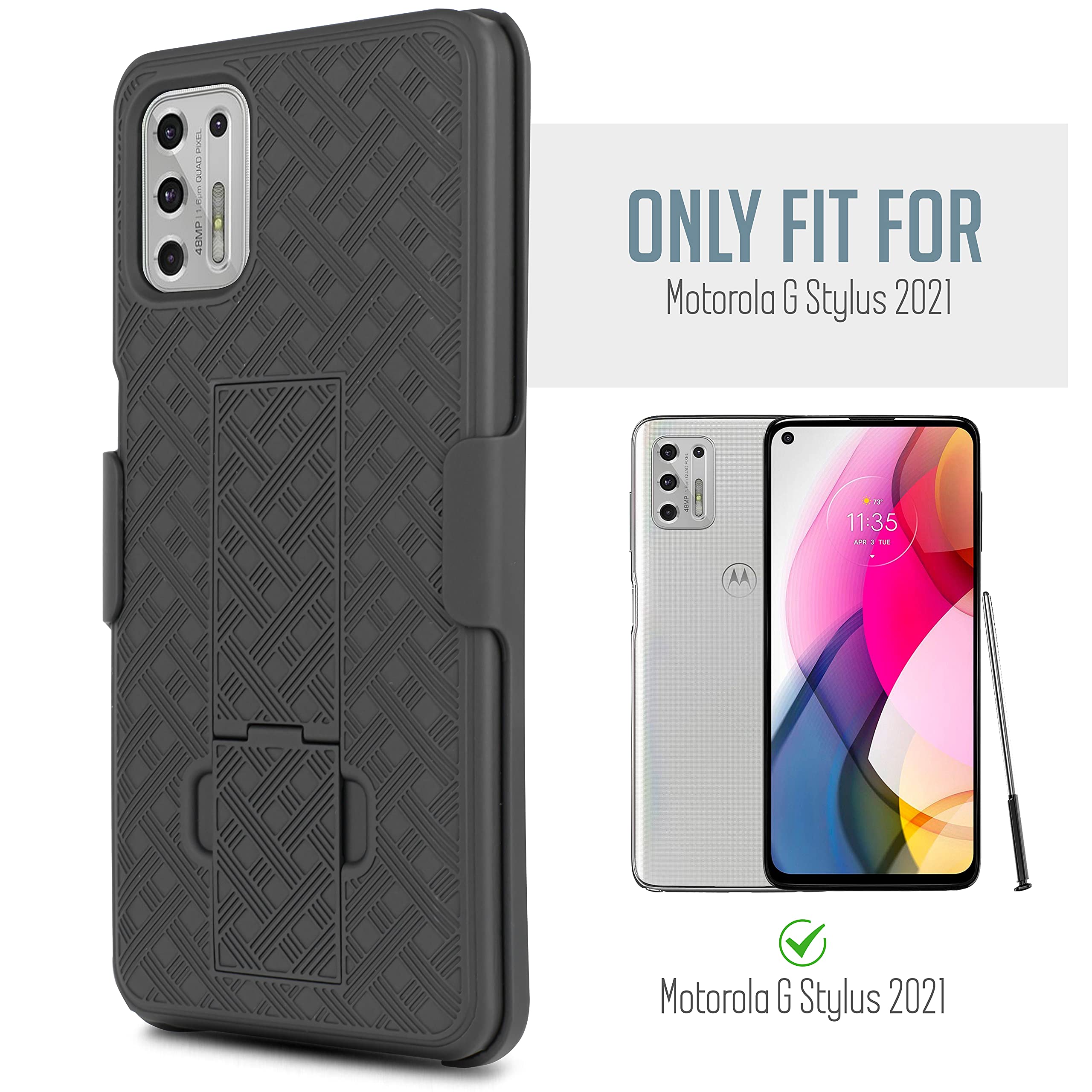 Designed for Motorola Moto G Stylus 2021 with Tempered Glass, Slim Shell Belt Clip Holster Kickstand Protective Hybrid Cover Heavy Duty Armor Defender Shockproof Rugged Phone Case (Black)