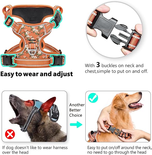 HEELE Harnais Réfléchissant Anti-Traction pour Moyen Grand Chien avec Poignée Rembourrée, 1 Boucle sur la Sangle de Cou Droite pour Un Dégagement Rapide, Floral-Orange, M - 3
