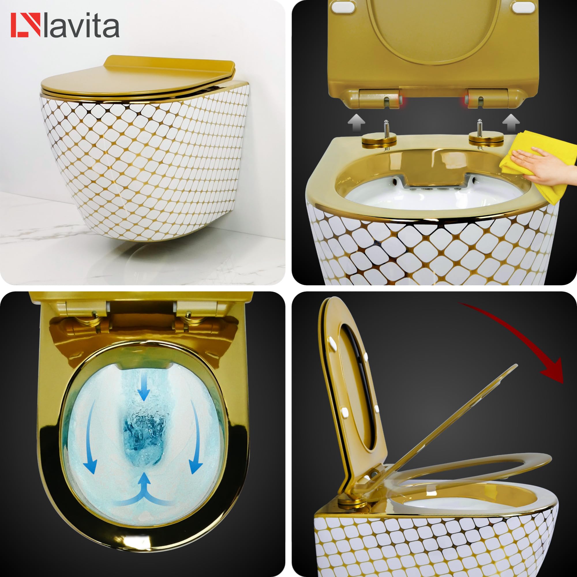 Lavita Vorwandelement Solido Start + Wand Hänge WC Sofi Slim Checked Gold Spülrandlos + WC Sitz mit Absenkautomatik Verchromter Knopf Komplettset Unterputz Spülkasten Toilette Komplett Sett WC