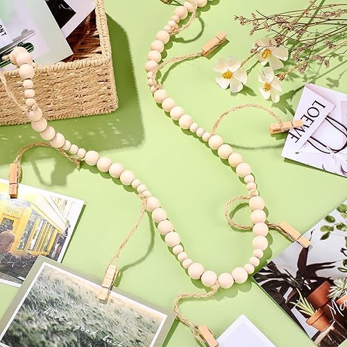 Miniatura 10 de Expositor de fotos para colgar en la pared con guirnalda de cuentas de madera, marco de fotos bohemio de 4 pies, juego de marcos de fotos para