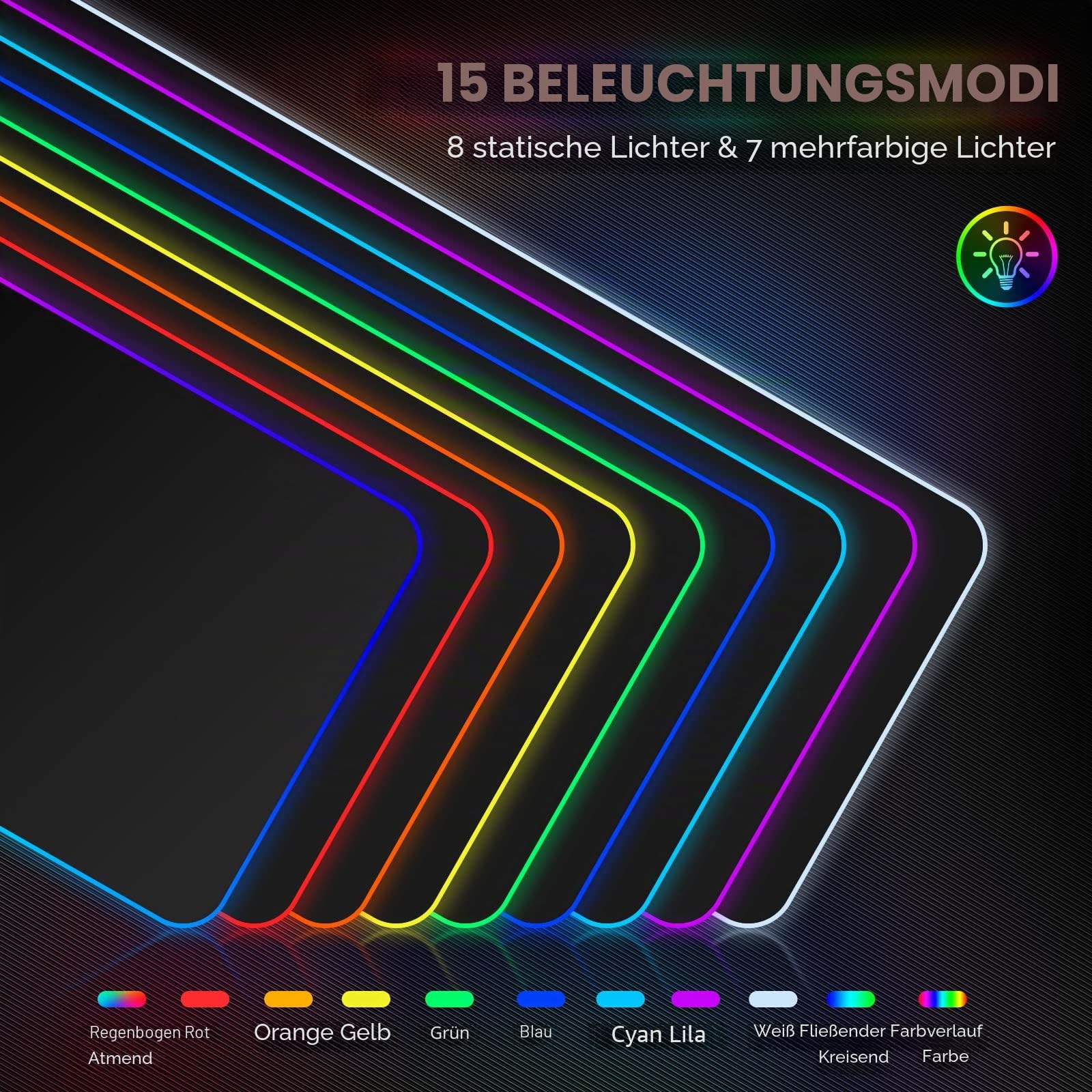 Hcman RGB Gaming Mauspad XXL - 800x300mm Mousepad mit Rutschfester Gummibasis, 7 LED Farben, 10 Beleuchtungs Modi Mouse Pad für Computer PC Professionelle Gamer(Schwarz)