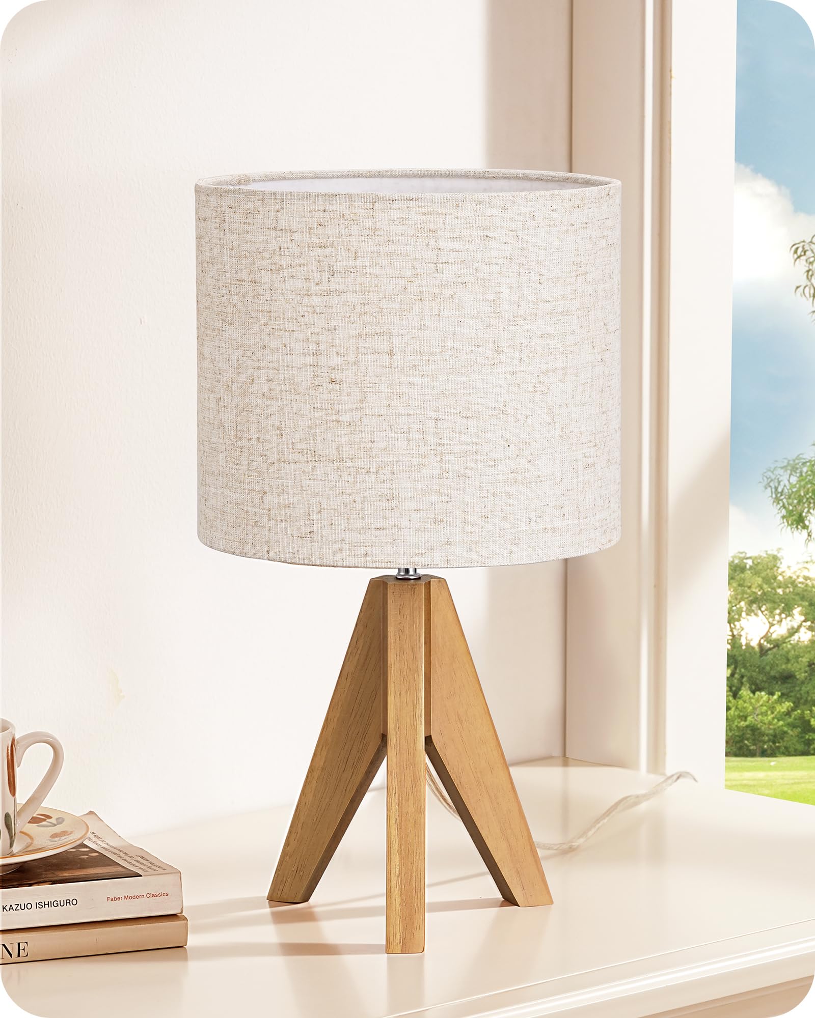 EDISHINE Nachttischlampe Holz, Lampenschirm aus Leinen, Beige | E27-Fassung, Holz-Stativ in Walnussoptik, inkl. 2700 K LED-Lampe, für Schlafzimmer, Wohnzimmer