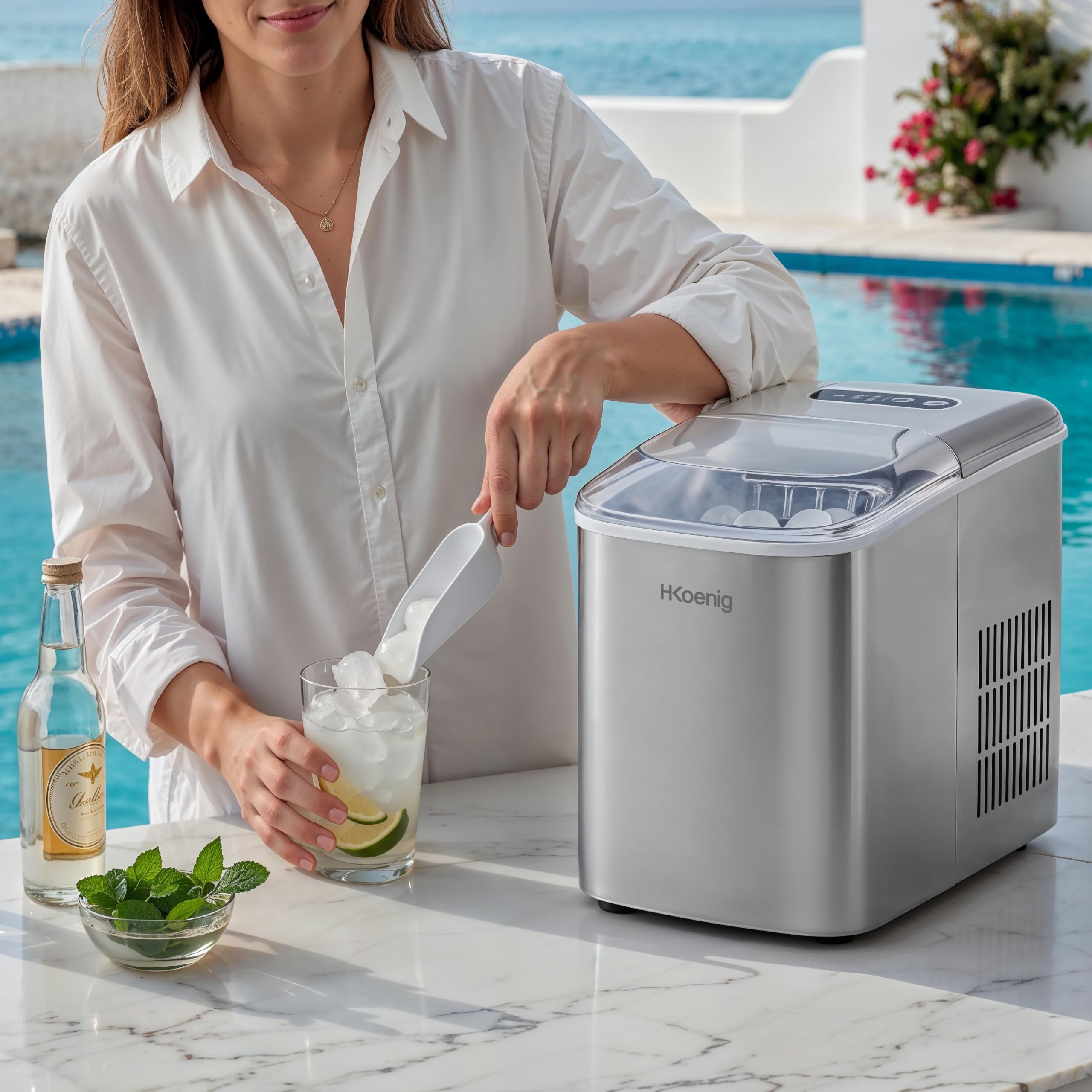 H.Koenig KB14 Eiswürfelmaschine, 12kg in 24 Stunden, Eiswürfel in 6min, 2 Eiswürfelgrößen, 120 W Silber leise, Eiswürfelbereiter Edelstahl, 2.1 L, Eiswürfelschaufel