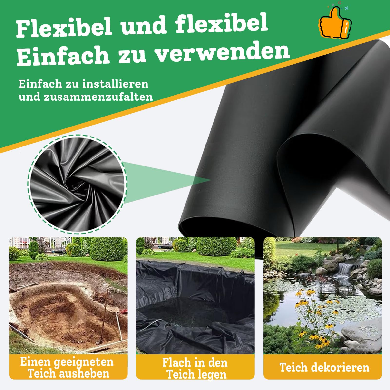PVC Folie schwarz 2.5x6m,Premium PVC Teichfolie, wasserdicht, reißfeste, Kann Wiederverwendet, Teichplane für Fischteiche, Brunnen, Wassergarten und Wasserfall