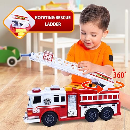 Miniatura 4 de VEBO Camión de bomberos motorizado con luces, sonido de sirena, bomba de agua de trabajo y escalera de rescate giratoria, eléctrico, motorizado,