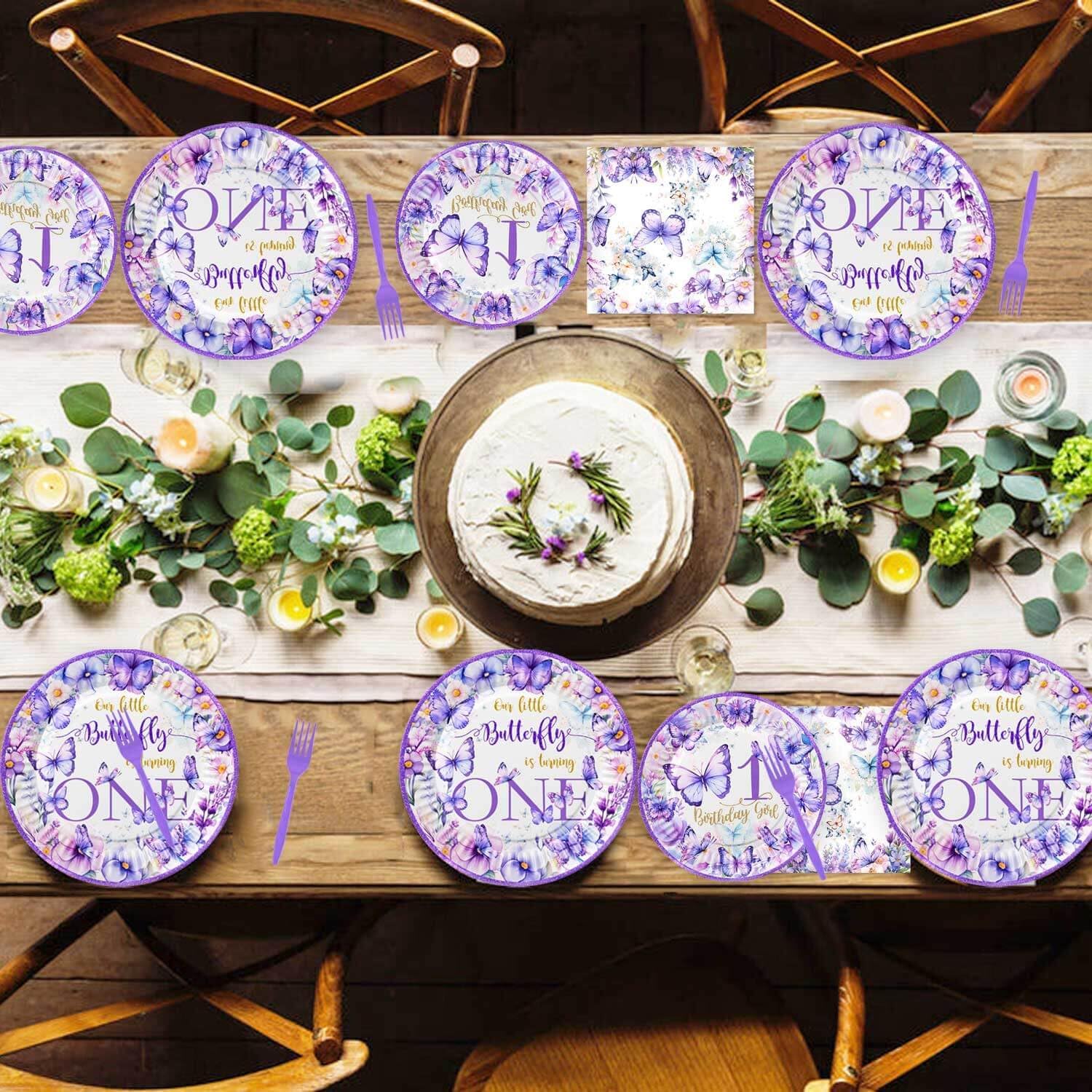 120 Pcs Butterfly 1st Birthday Party Supplies Girl Purple Our Little Butterfly is Turning One Decoration Includes Paper Plates Napkins Cups Straws Forks for Butterfly One Year Old Birthday Favors