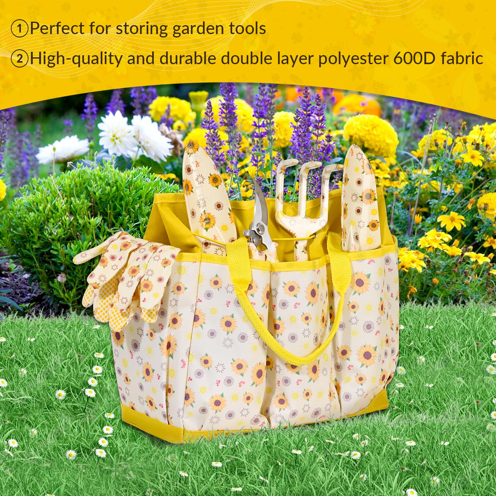 Regalos de jardinería para mujeres, herramientas de jardinería para mujeres, juego de 9 herramientas de jardín de girasol con bolsa de herramientas de jardín, cumpleaños para el día de la madre, para
