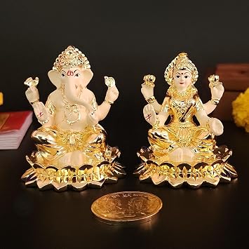 Gold Art India Kamal Laxmi Ganesh Gold Plated Off White Terracotta Idol for Home with Gold Plated Coin Laxmi Ganesh Idol for Diwali Pooja | Laxmi Ganesh Murti for Gift | Lakshmi Ganesh Idol, 3" Inch