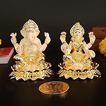 Gold Art India Kamal Laxmi Ganesh Gold Plated Off White Terracotta Idol for Home with Gold Plated Coin Laxmi Ganesh Idol for Diwali Pooja | Laxmi Ganesh Murti for Gift | Lakshmi Ganesh Idol, (3" Inch)