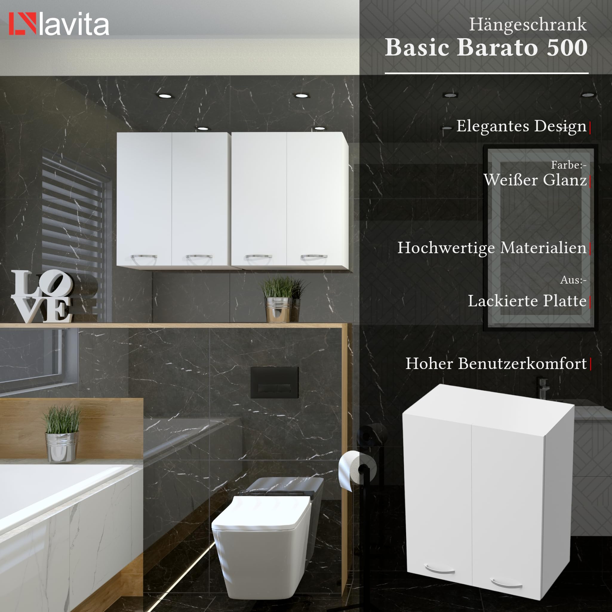 lavita Badkamerkast Basic Barato wit 500 | hangkast | badkamerkast | badkamerrek | kast 50 cm breed | multifunctionele kast | hangkast voor de badkamer | gelakte plaat | 50 x 24 x 60 cm