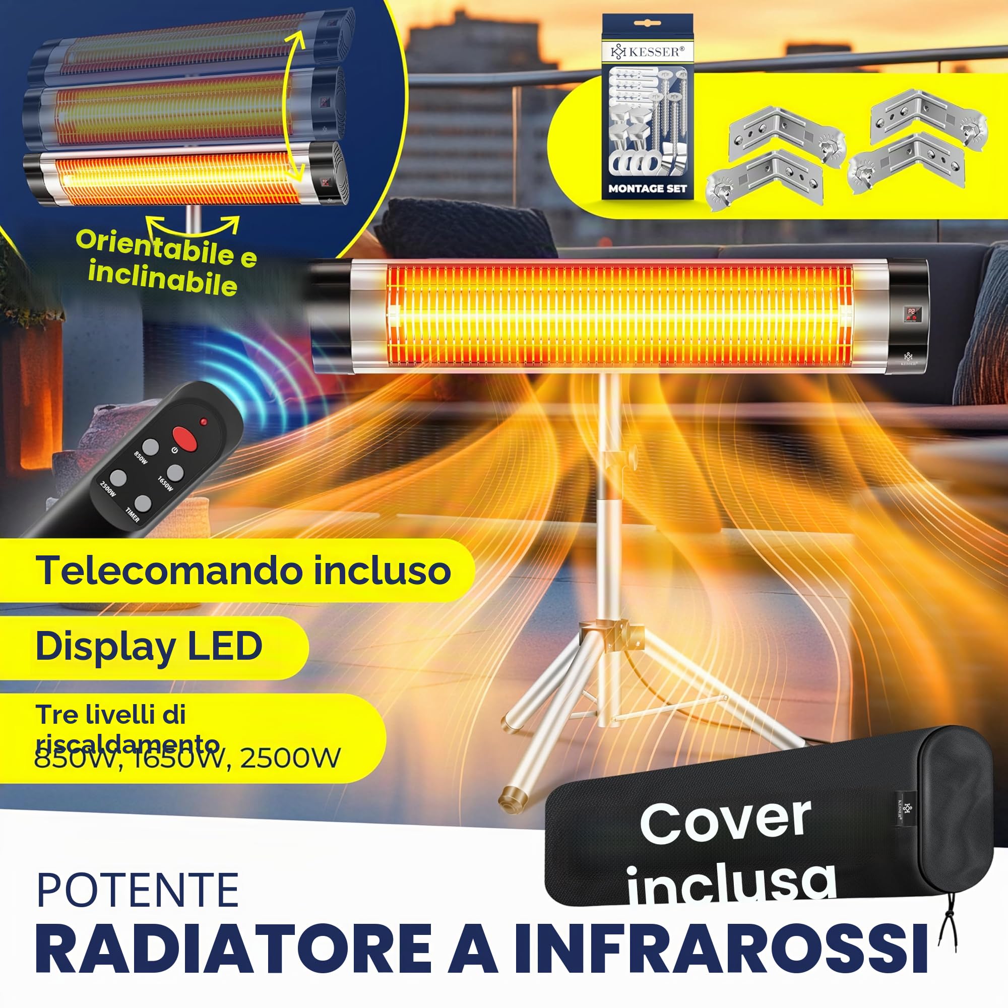 Kesser® Radiatore a raggi infrarossi Riscaldatore a raggi infrarossi Radiatore per terrazza 2500W con telecomando incluso, con custodia protettiva, altezza regolabile, supporto telescopico, Radiatore
