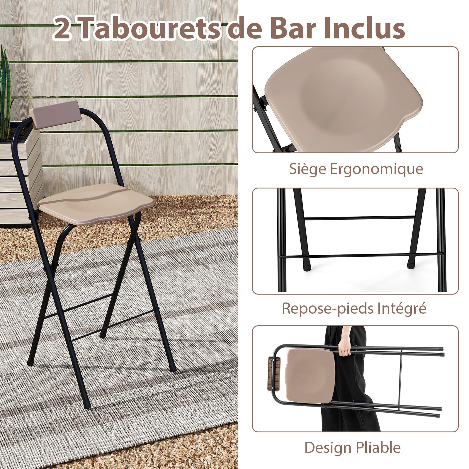 COSTWAY Tonnelle de Barbecue 3 Pcs Extérieur avec 2 Chaises Pliables Auvent, Ensemble de Bar de Jardin à Double Toit avec Table de Bar Étagères de Rangement en Métal, pour Jardin Cour (Marron)