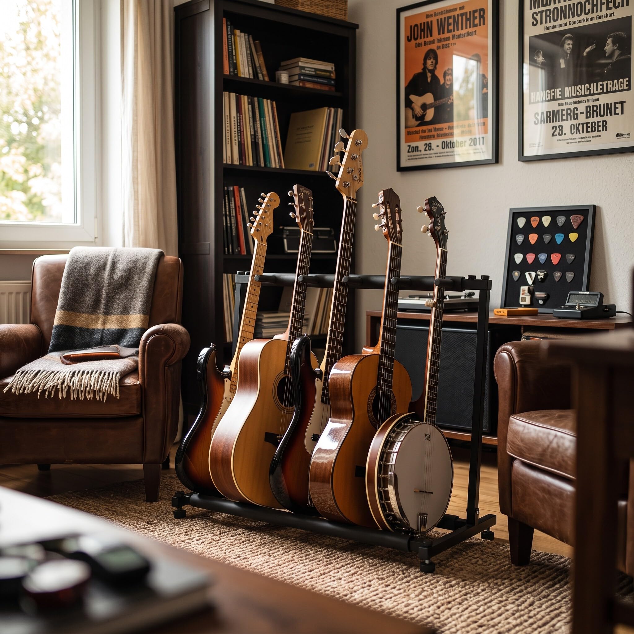 Stojak na Gitarę Multi 5 Przegródek, Statyw na Gitarę Metalowy Stojak na Gitarę Organizer na Stojak Stojak na Gitarę Uchwyt na Gitarę z Gumowymi Stykami do Sklepów z Gitarami(5)