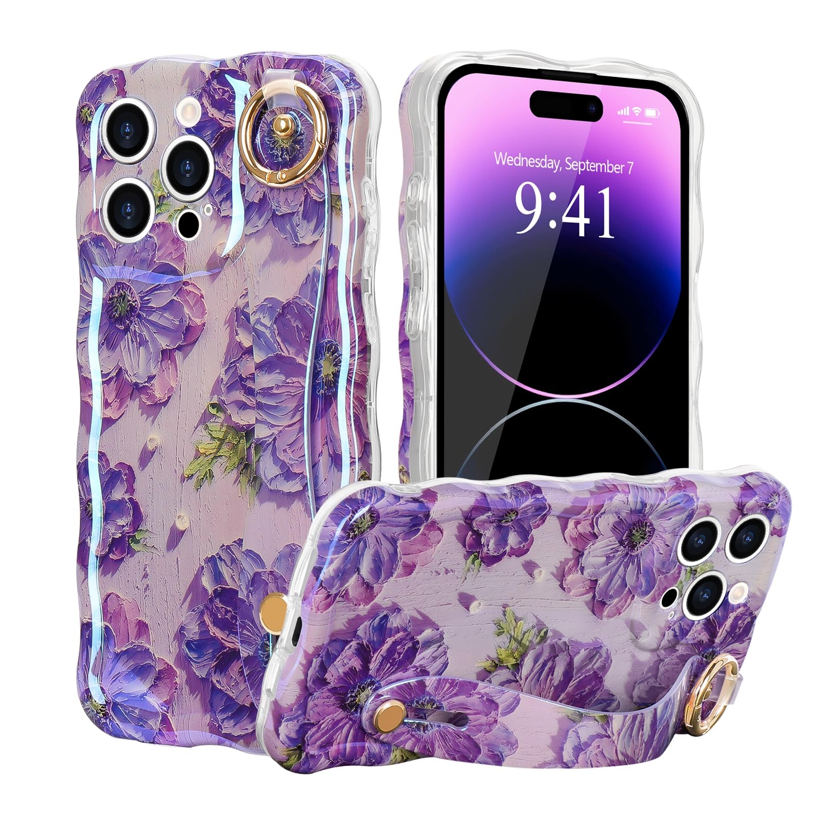 ROSEHUI for iPhone 14 Pro Max Case, Floral Curly Wavy Bumper Women Girls Colorful Retro Oil Painting Printed Flower Cute Cover with Wristband