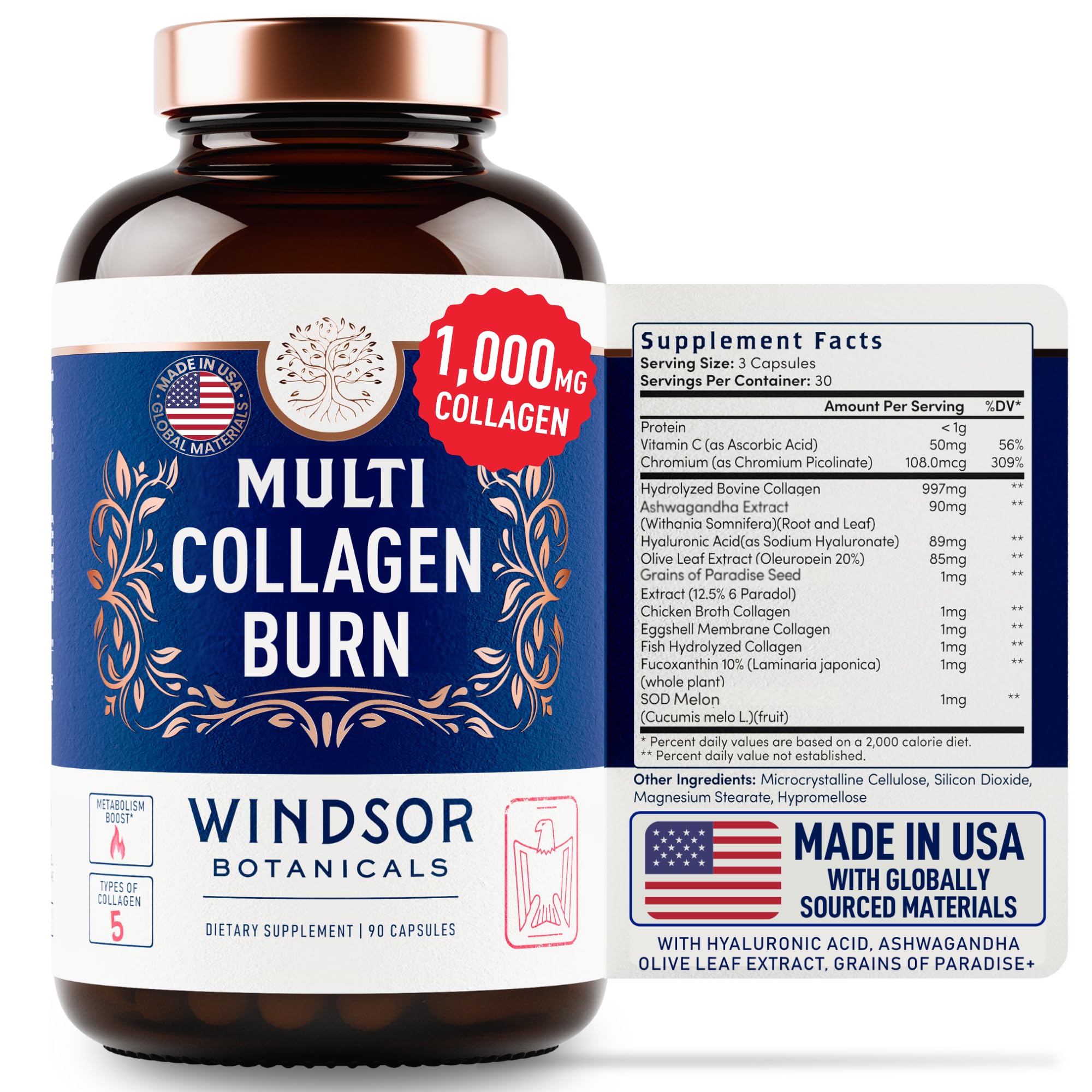 Thermogenic Multi Collagen Burn Capsules - Hydrolyzed Multi Collagen Complex Types I, II, III, V, X, Marine Collagen, Hyaluronic Acid - Beauty and Anti-Aging Supplement for Women and Men - 90 Pills
