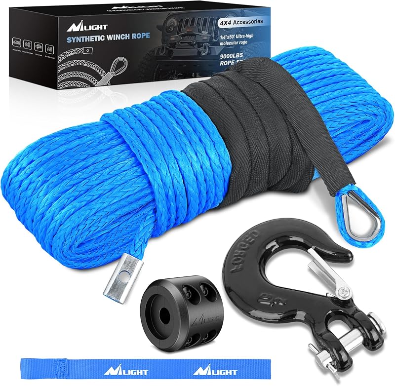 Cuerda de cabrestante sintética de 1/4" x 50 pies para cabrestantes de remolque de recuperación, azul | Kit de cable de línea de cabrestante con gancho de acero, tapón de goma, funda protectora, correa de seguridad, universal para vehículos todoterreno ATV UTV