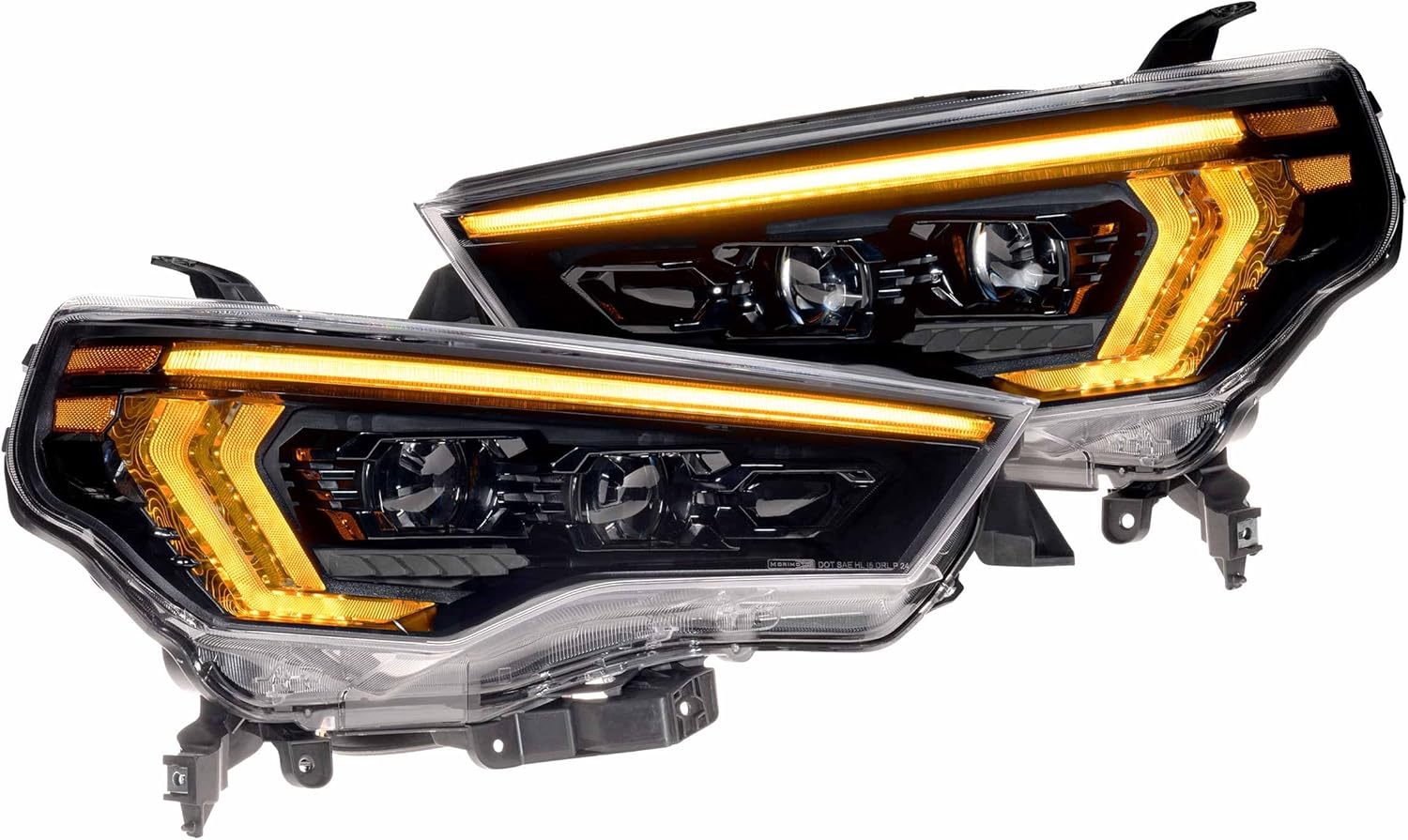 A pair of Morimoto XB Evo Hybrid LED Headlights with the amber LED turn signals illuminated.