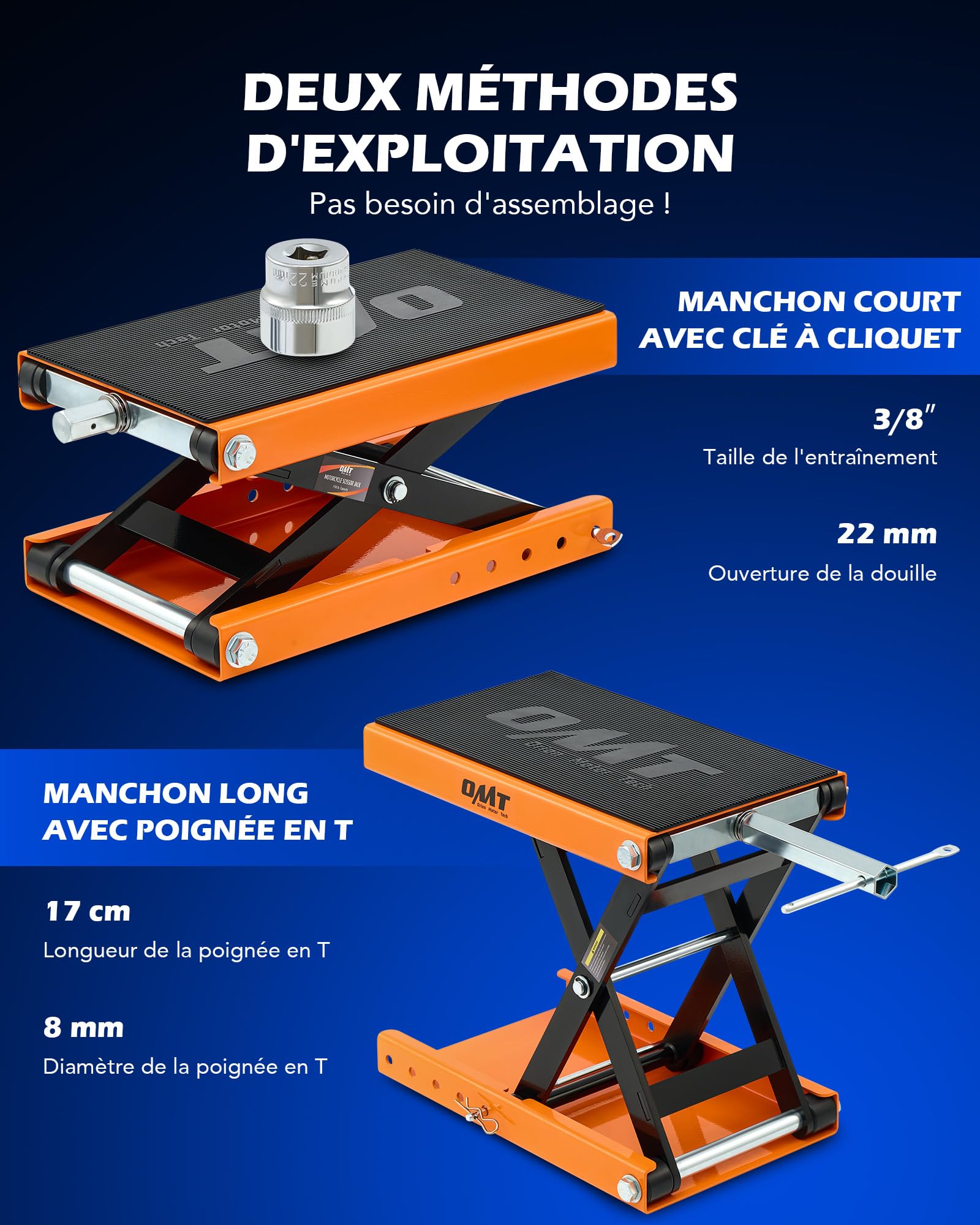Orion Motor Tech Cric à Ciseaux pour Motos Capacité 500kg Hauteur de Levage 9,5-37 cm Support de Plateforme Élévatrice Caoutchouc Antidérapant, Entretien pour Motos VTT Scooter Touring Cruiser, Orange