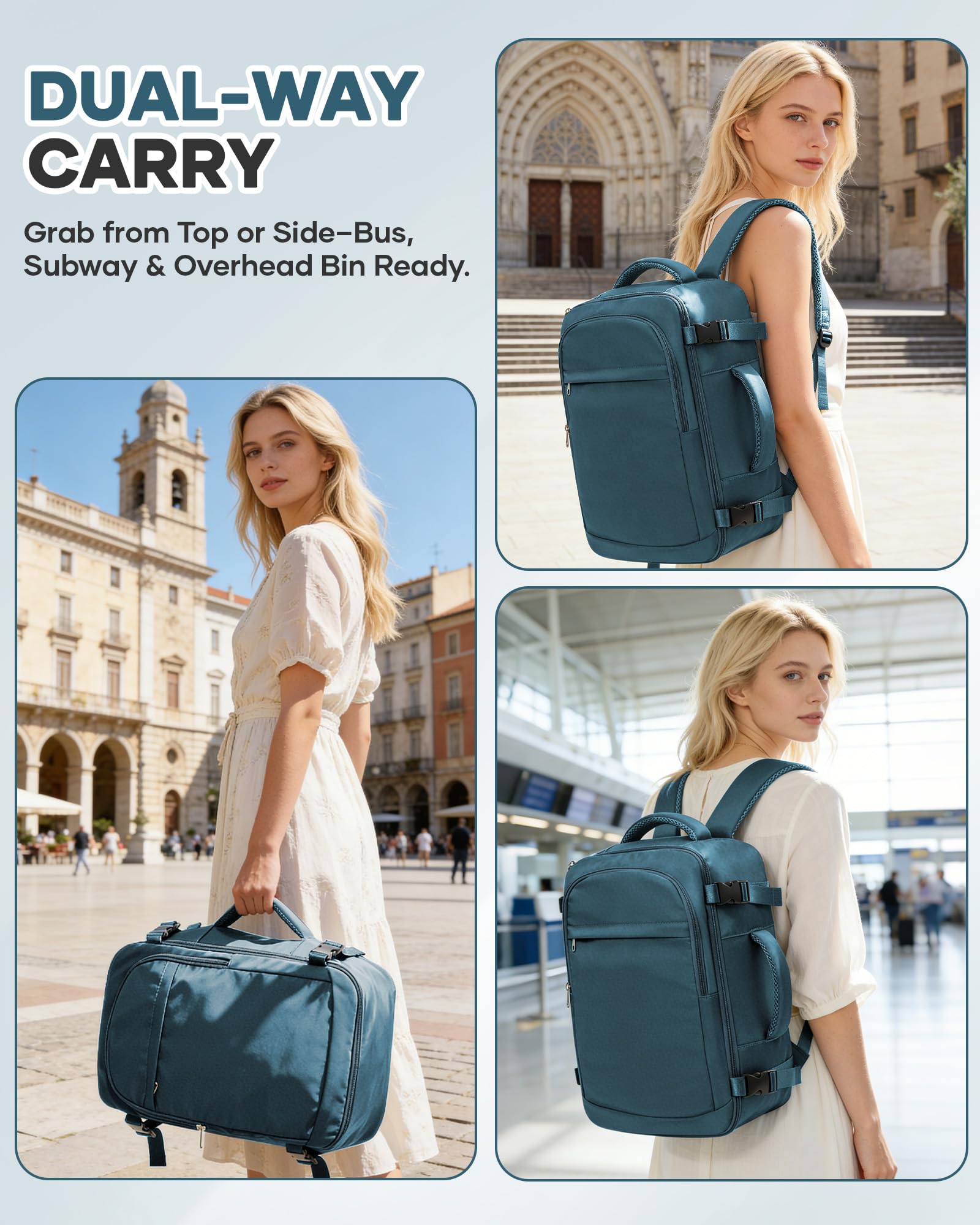 Bagage Cabine 40x30x20 Sac a Dos Voyage Cabine Avion pour Ryanair Wizzair Eurowings Vueling, Sac Valise Cabine 40x30x20 Bagage à Main Imperméable -Bleu Paon