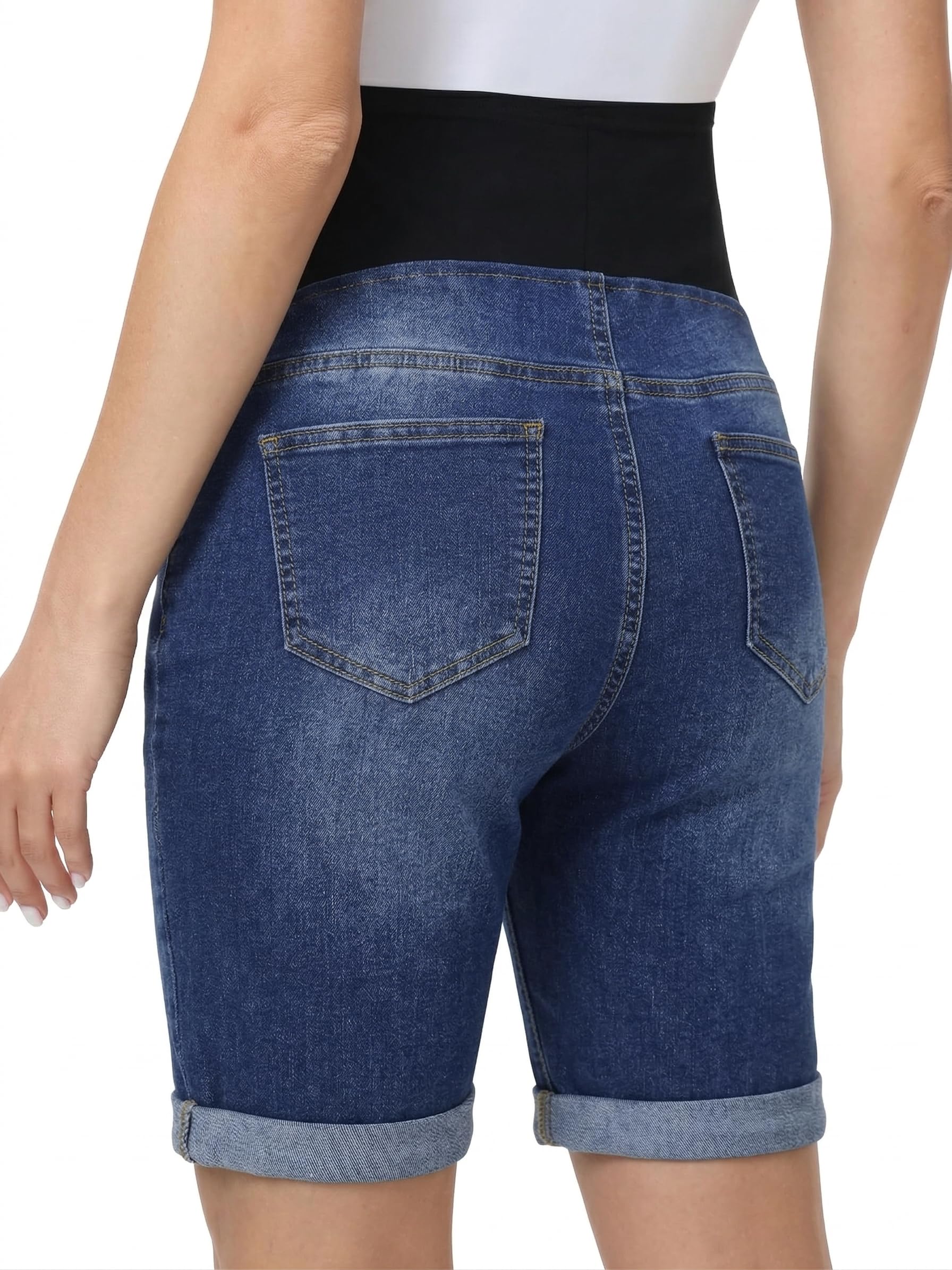Gowjog Pantalones vaqueros cortos de maternidad, pantalones vaqueros por encima del abdomen, dobladillo doblado, pantalones cortos de maternidad - 3