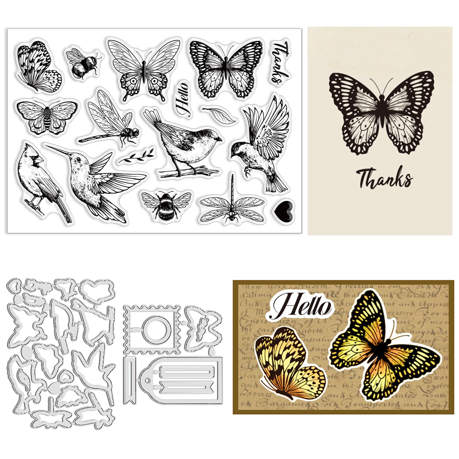 INFUNLY Bird Stamps & Dies - Butterfly, Insect & Leaves Die Cuts, Heart Silicone Stamps for DIY Scrapbooking & Embossing