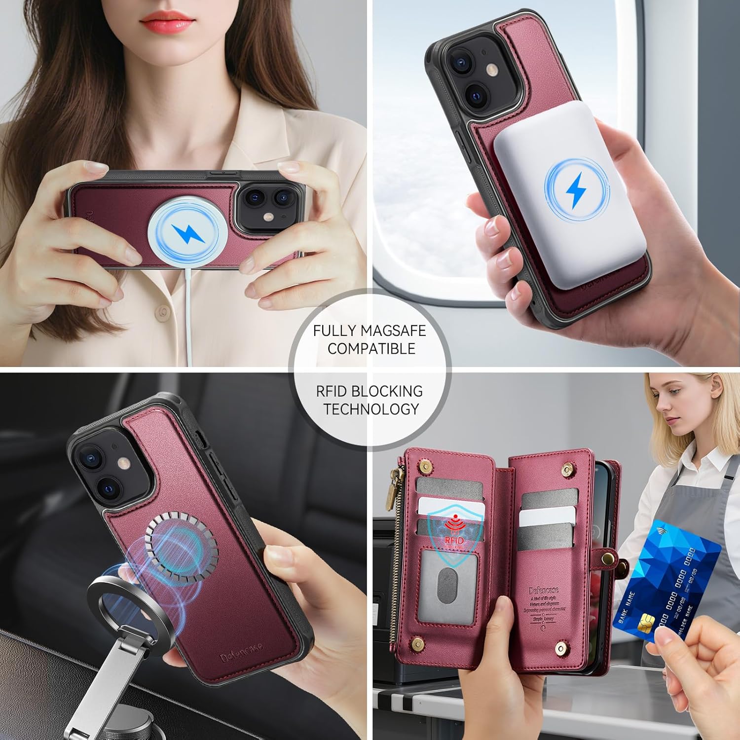 Defencase for iPhone 12/ Pro Magnetic Wallet Case Compatible with Magsafe with RFID Blocking Zipper Strap Card Holder for Women, PU Leather Detachable Case for iPhone 12 & 12 Pro 6.1 inches, Wine Red