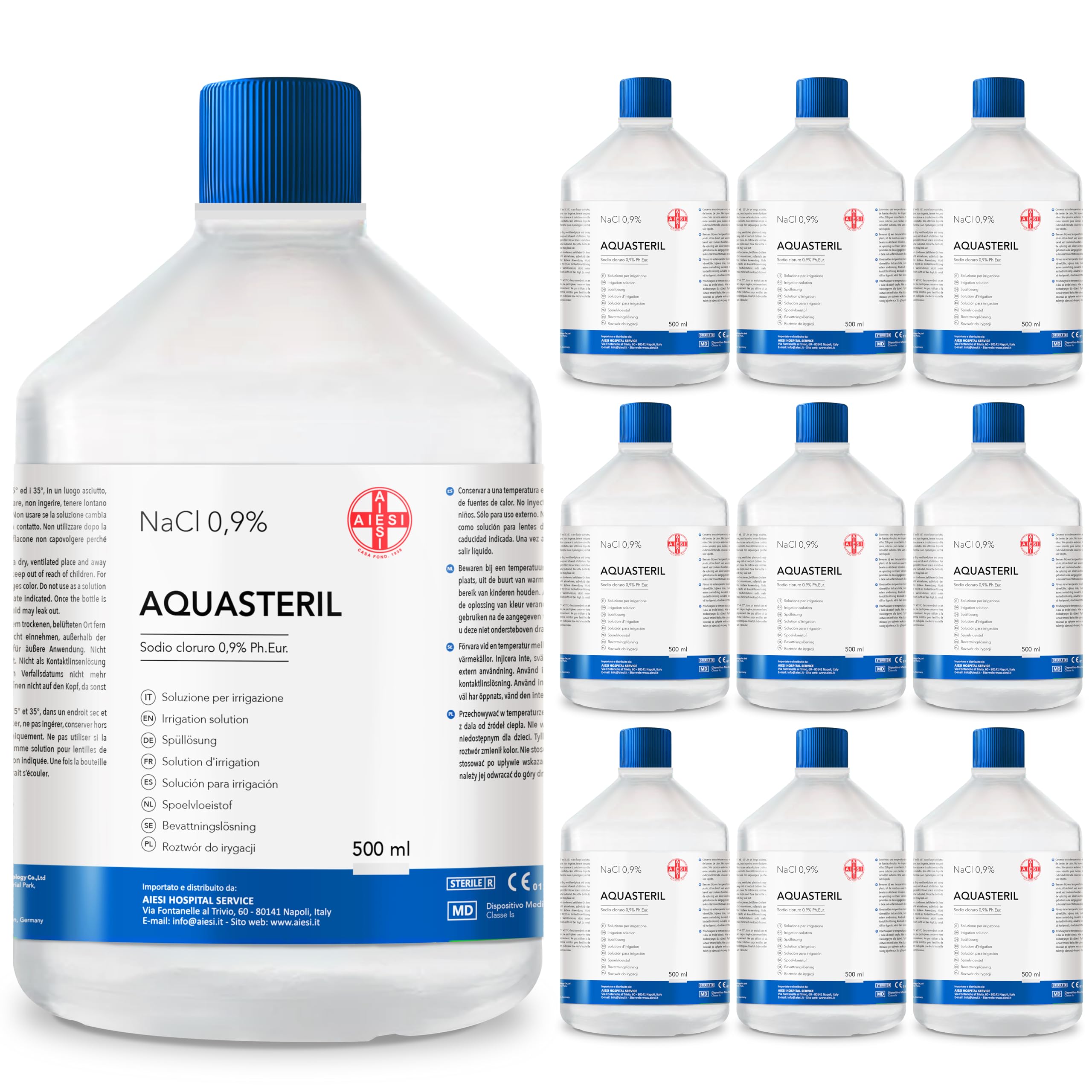 AIESI® Soluzione fisiologica salina (10x500 ml) per lavaggi nasali, aerosol e irrigazione con tappo richiudibile AQUASTERIL, Sodio cloruro 0,9% per cassetta pronto soccorso